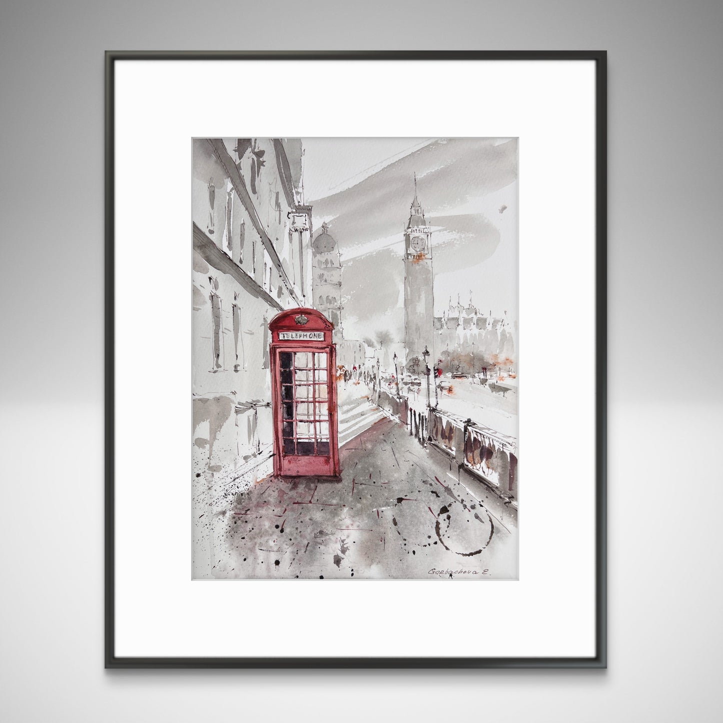 Streets of London Watercolor Art - Red Telephone Box Painting - Timeless London 9х12