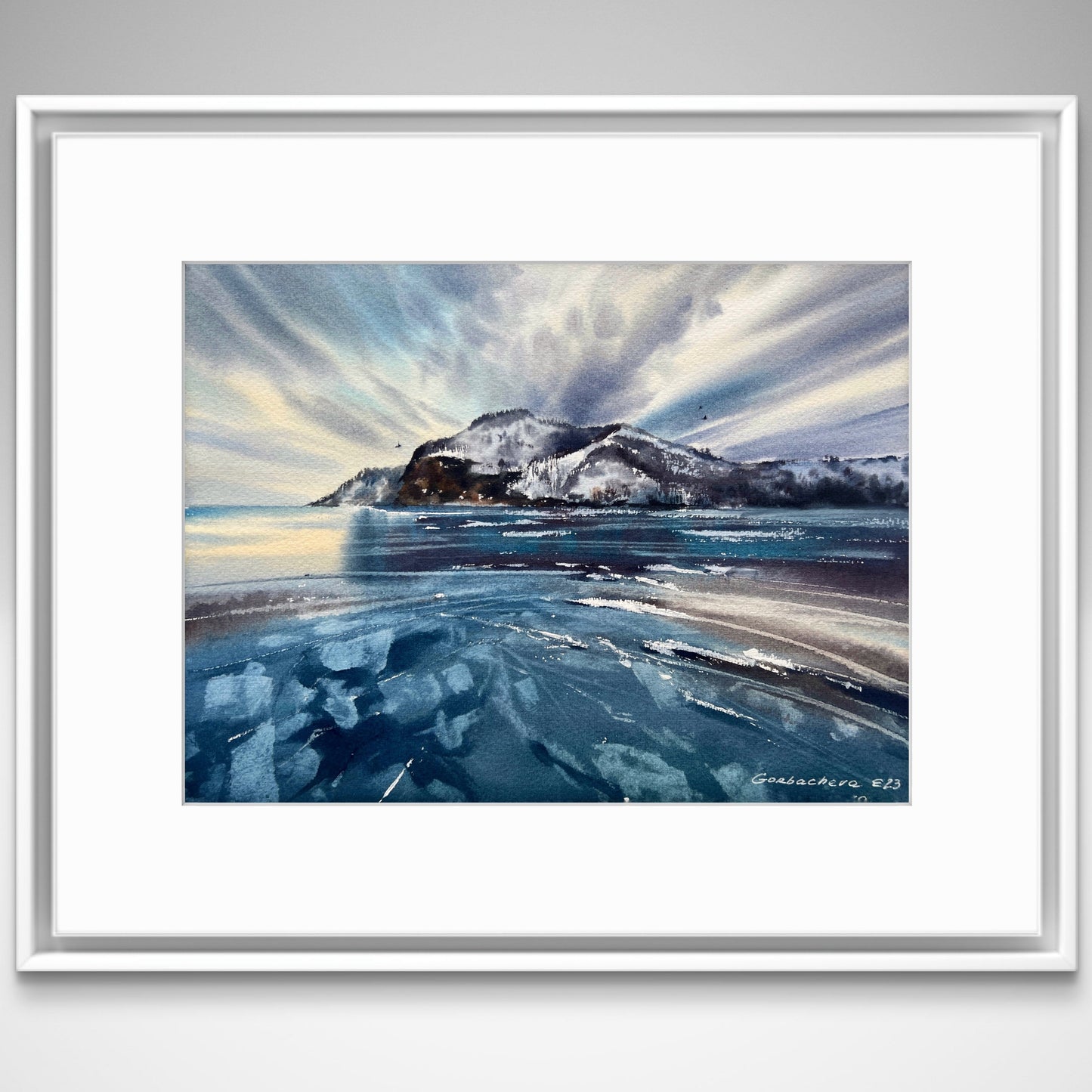 Frozen Lake Painting Original, Watercolor Winter Seascape, Explorer, Lake Baikal #7, 11x15