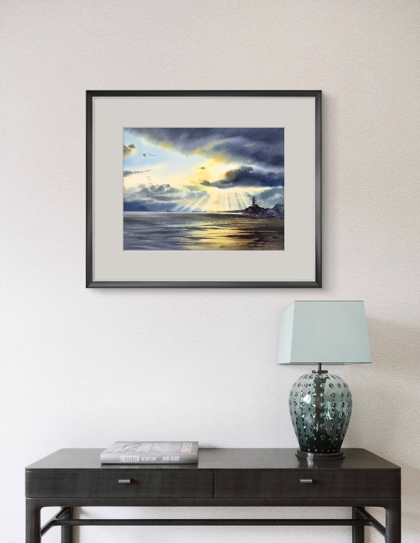 Watercolor Ocean Painting Lighthouse Original Art, Lighthouse in the sun 12x16