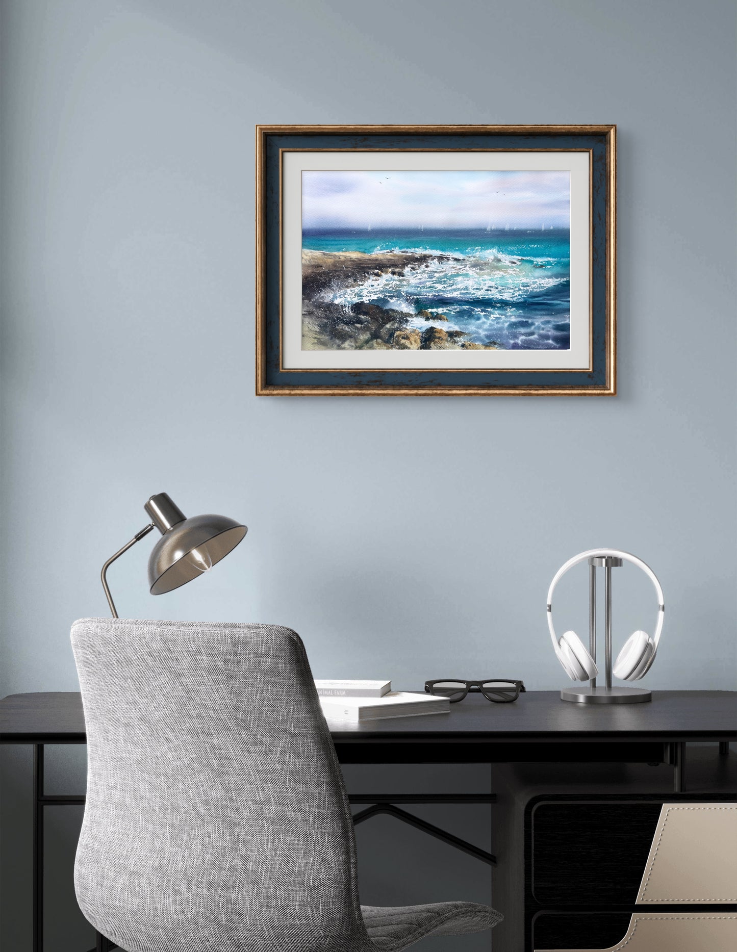 Original Turquoise Seascape Painting, Rocky Coast Watercolor Art, The sea coast #2 15x22