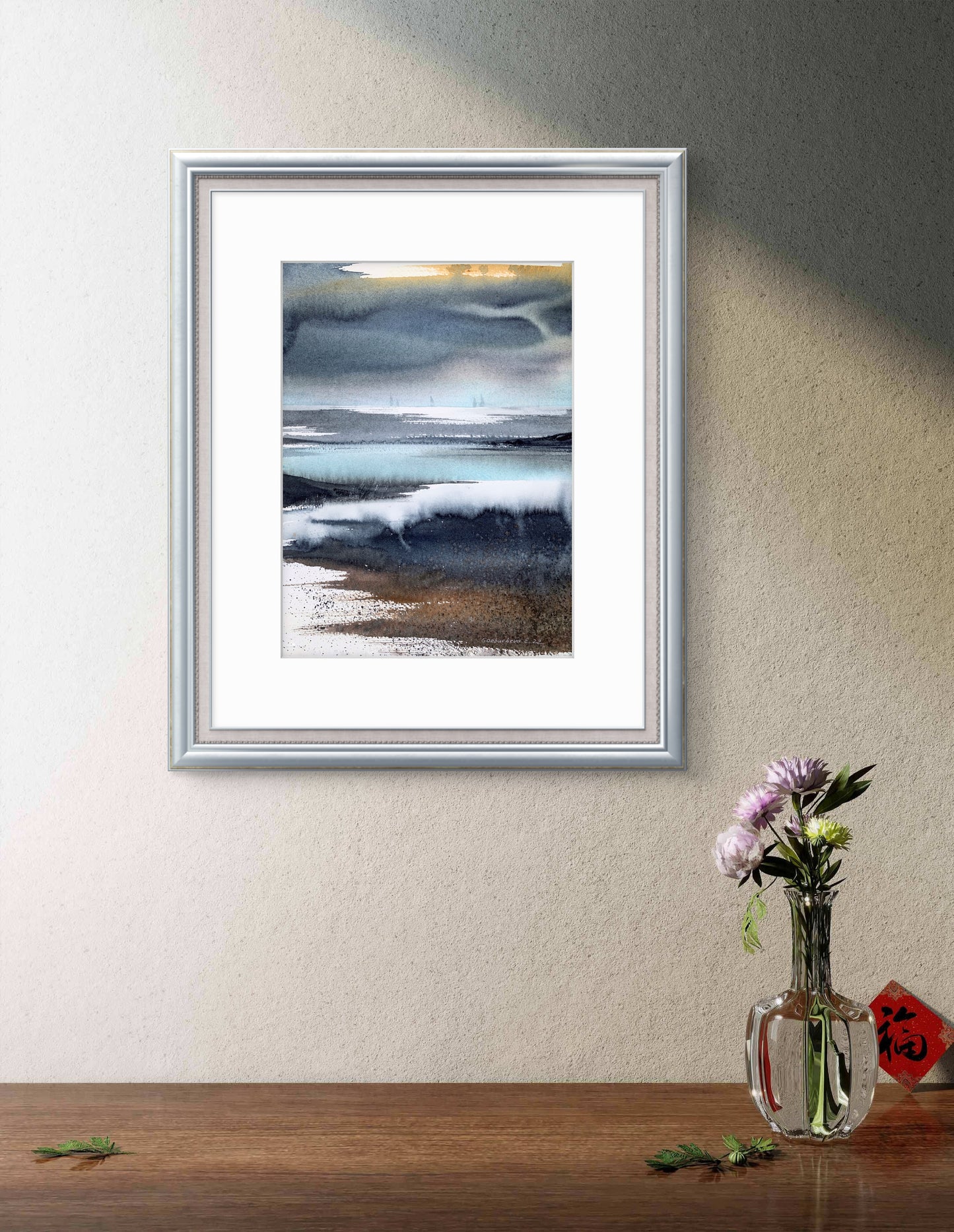 Abstract Nordic Seascape Painting Watercolor Original, ABSTRACTION SEA #4 9x12 in