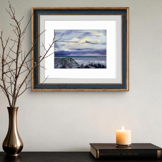 Rainbow Cloud Sky Seascape Watercolor Painting, Original Artwork, Rainbow over the Sea #3 9x12