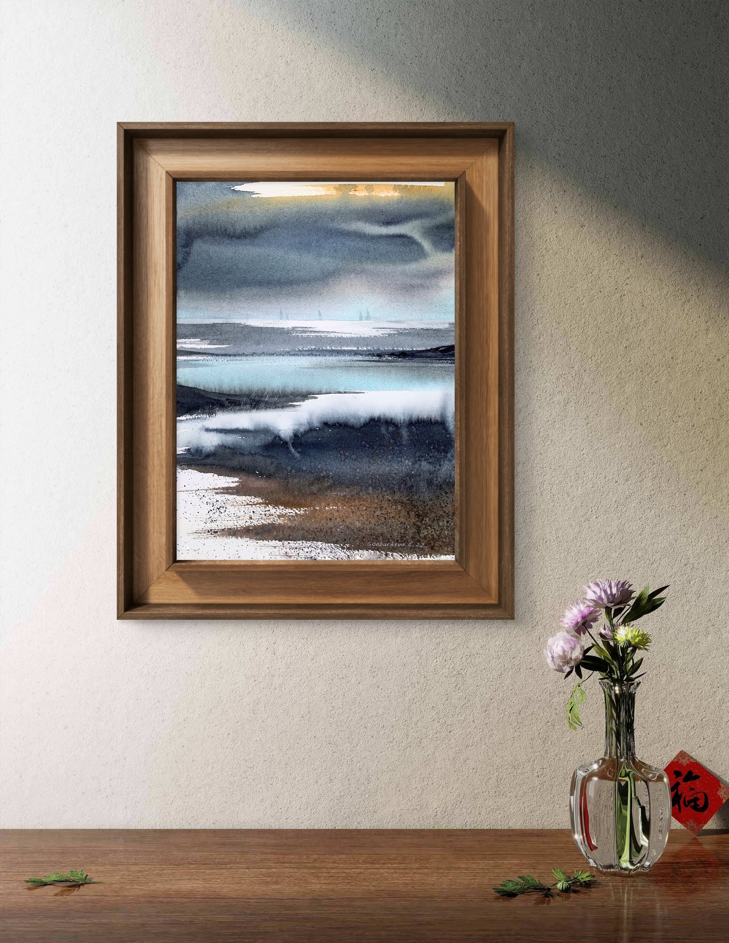 Abstract Nordic Seascape Painting Watercolor Original, ABSTRACTION SEA #4 9x12 in