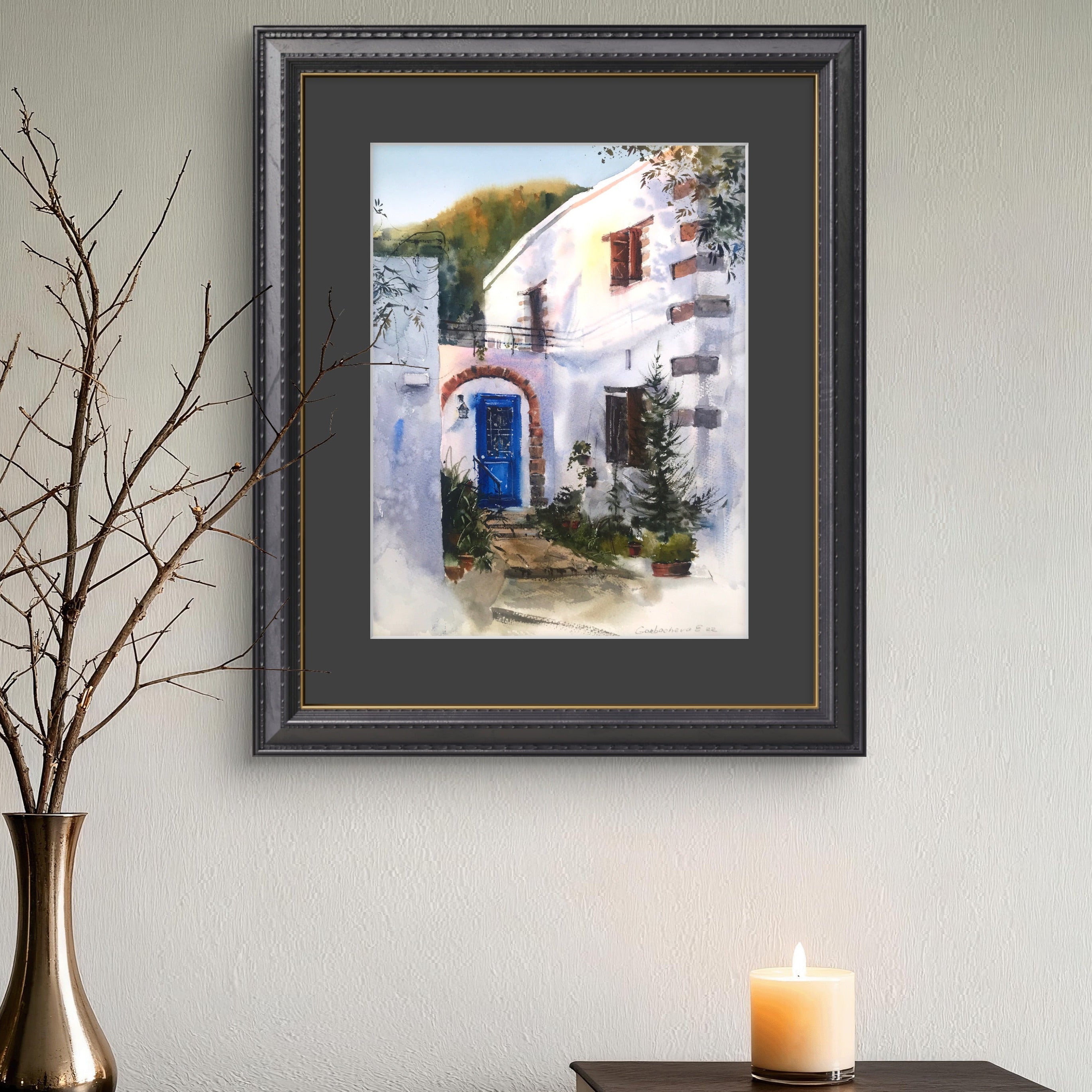 Greek Coastal City Painting Original, Sunset Watercolor Artwork