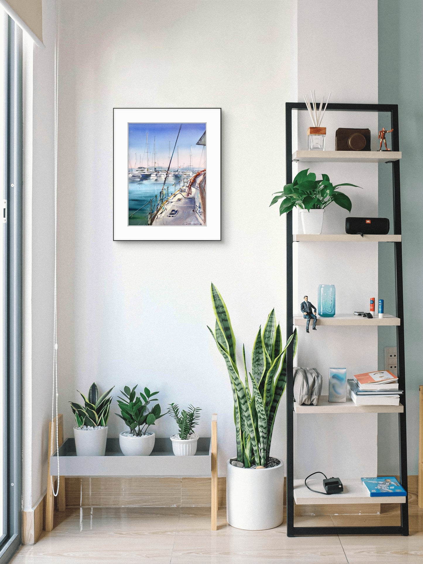 Original Watercolor Sailboat Art, Turquoise Harbor Painting, Still Waters of Spain 12x16