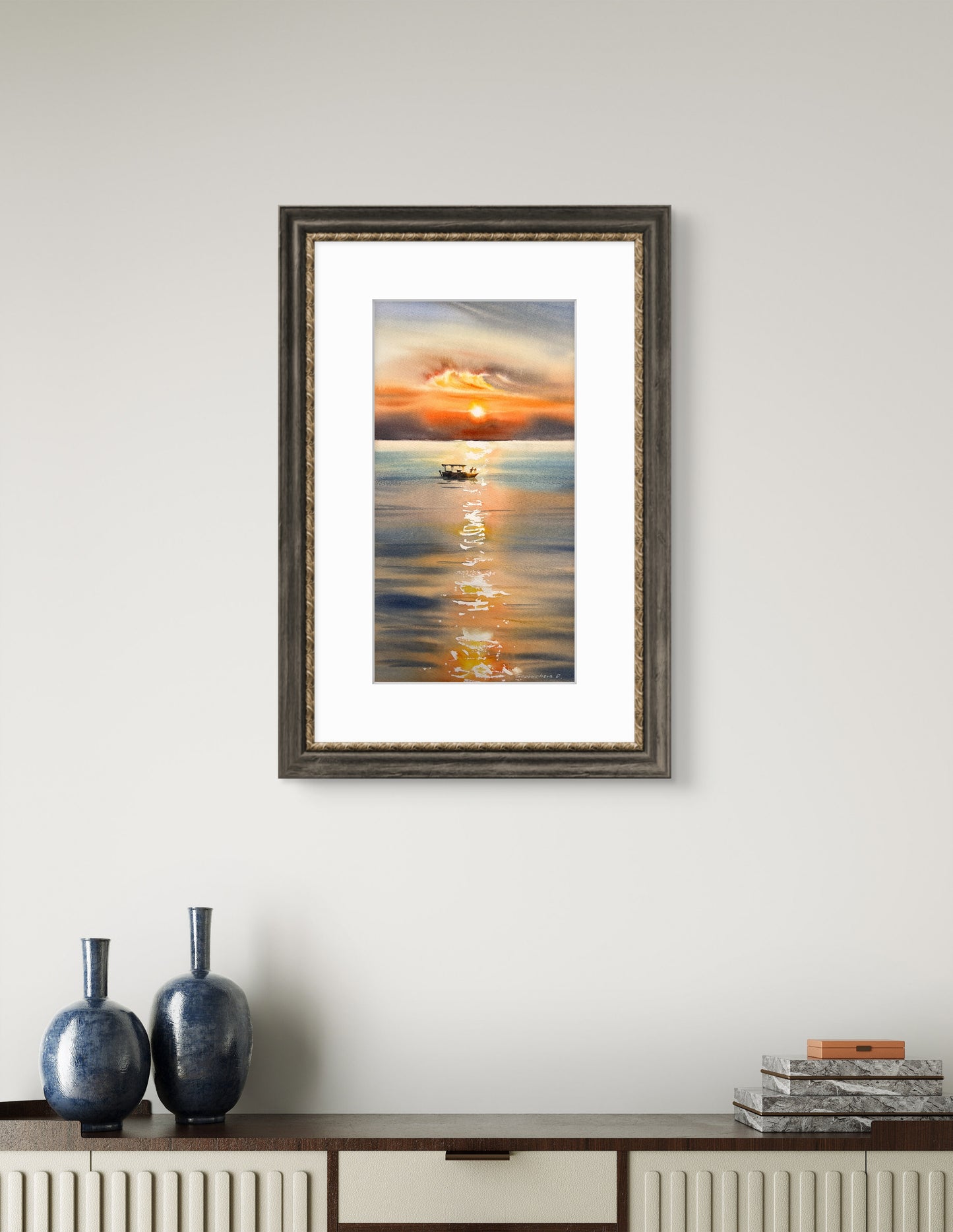 Orange Sunset Painting Original, Watercolor Fishing Boat Artwork - Golden cloud #2