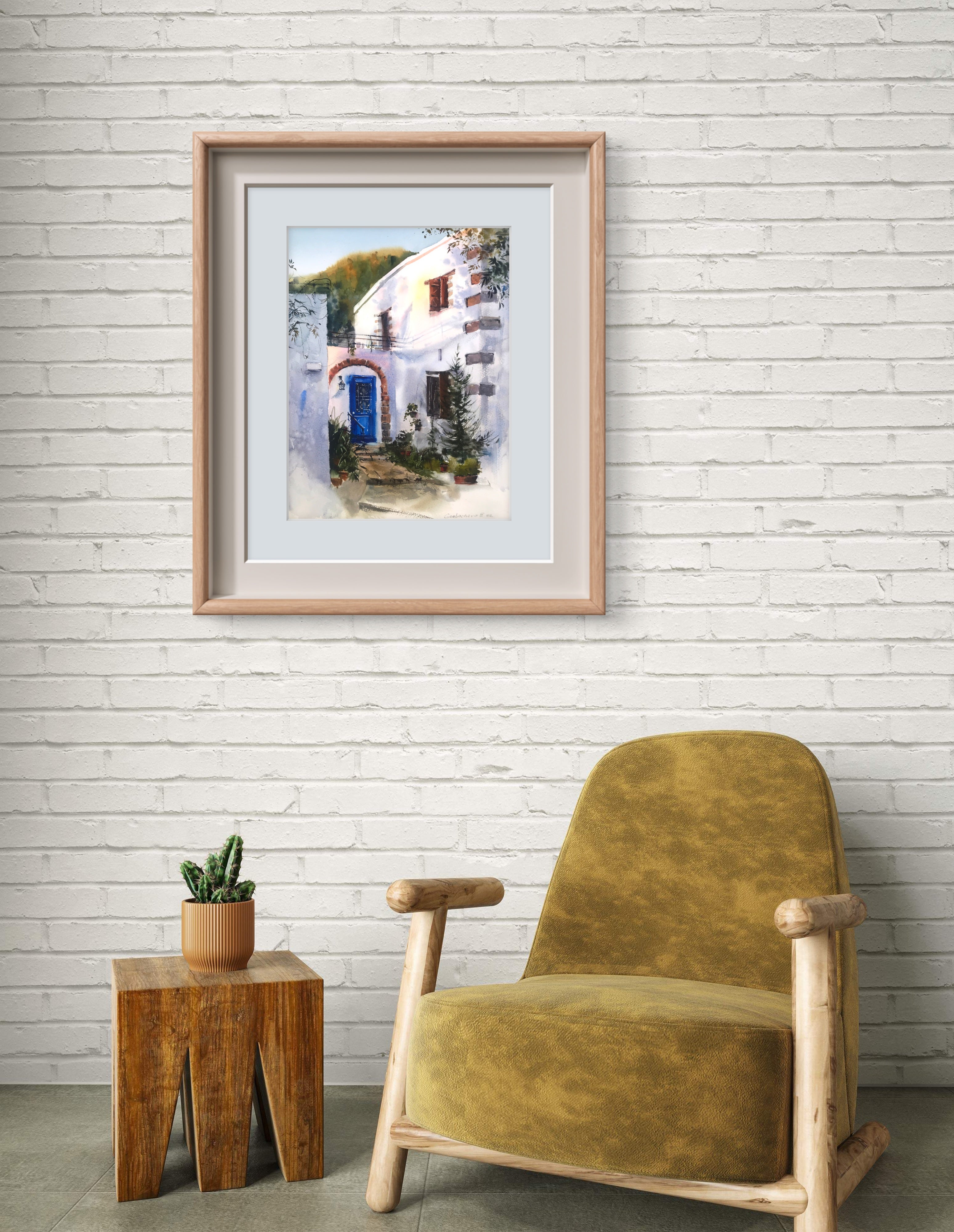Greek Coastal City Painting Original, Sunset Watercolor Artwork