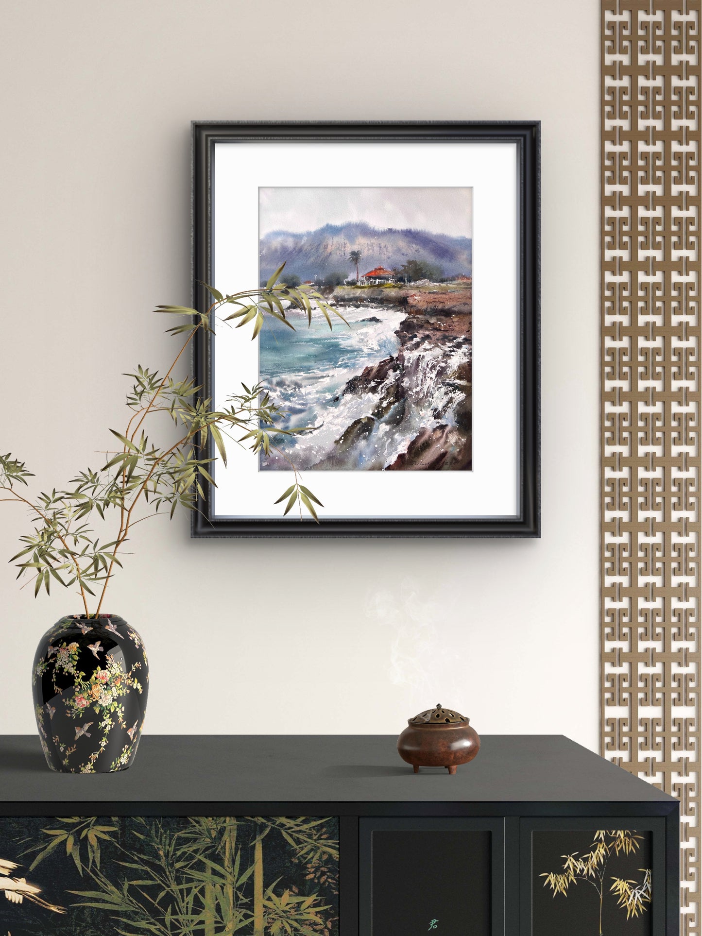 Cyprus Watercolor Painting, Coastal Seascape Art, House on the coast of Cyprus #2 12x16