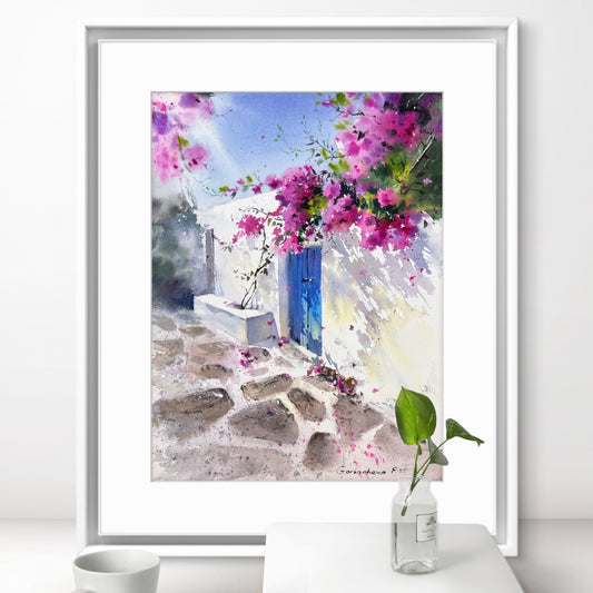 Original Watercolor Painting - Bougainvillea Door - Mediterranean Townscape
