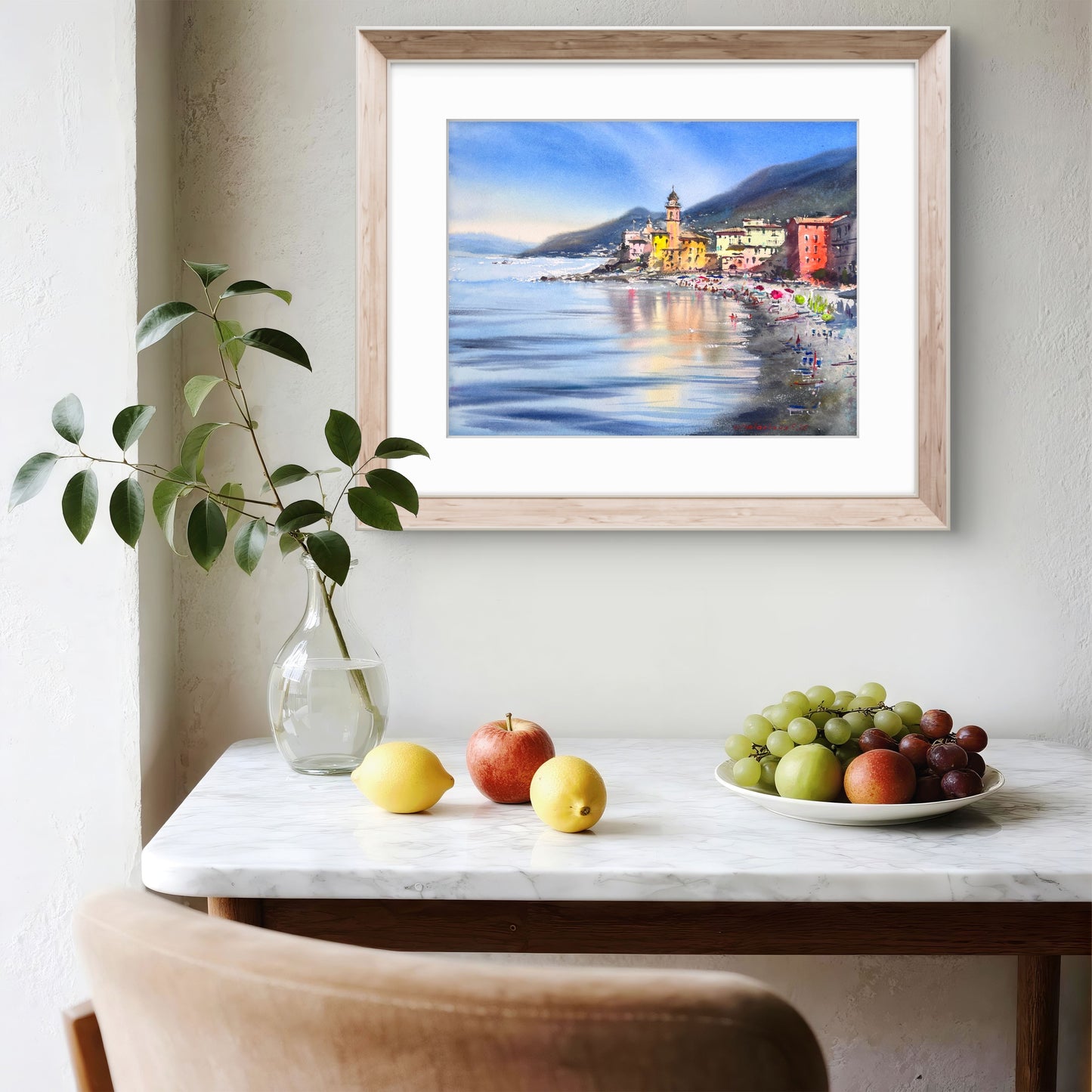 Camogli Italy Watercolor Painting, Coastal Wall Art, Morning in Camogli 12x16
