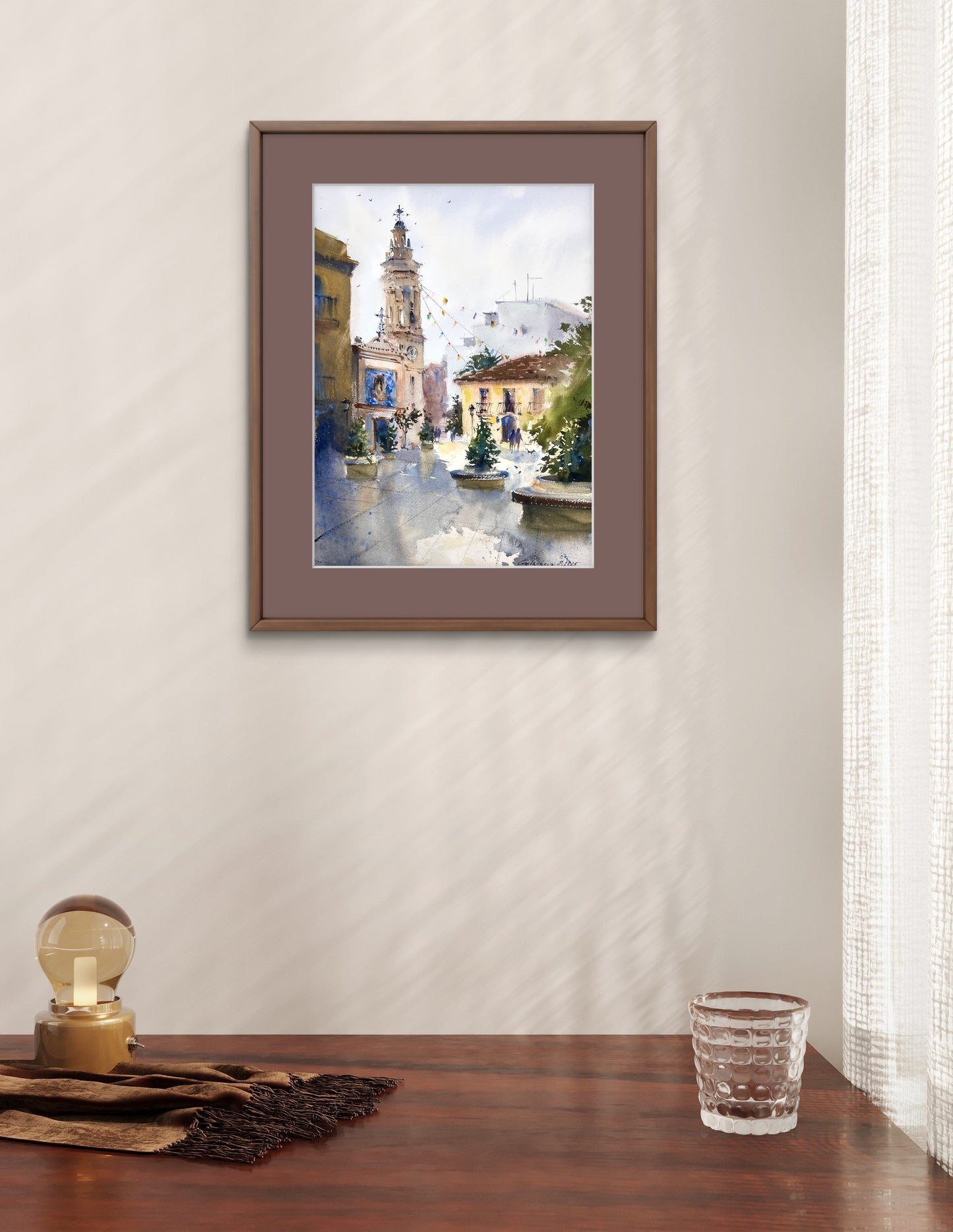 Original Spanish Cityscape Watercolor Painting,A Quiet Morning in Spain 12x16 in