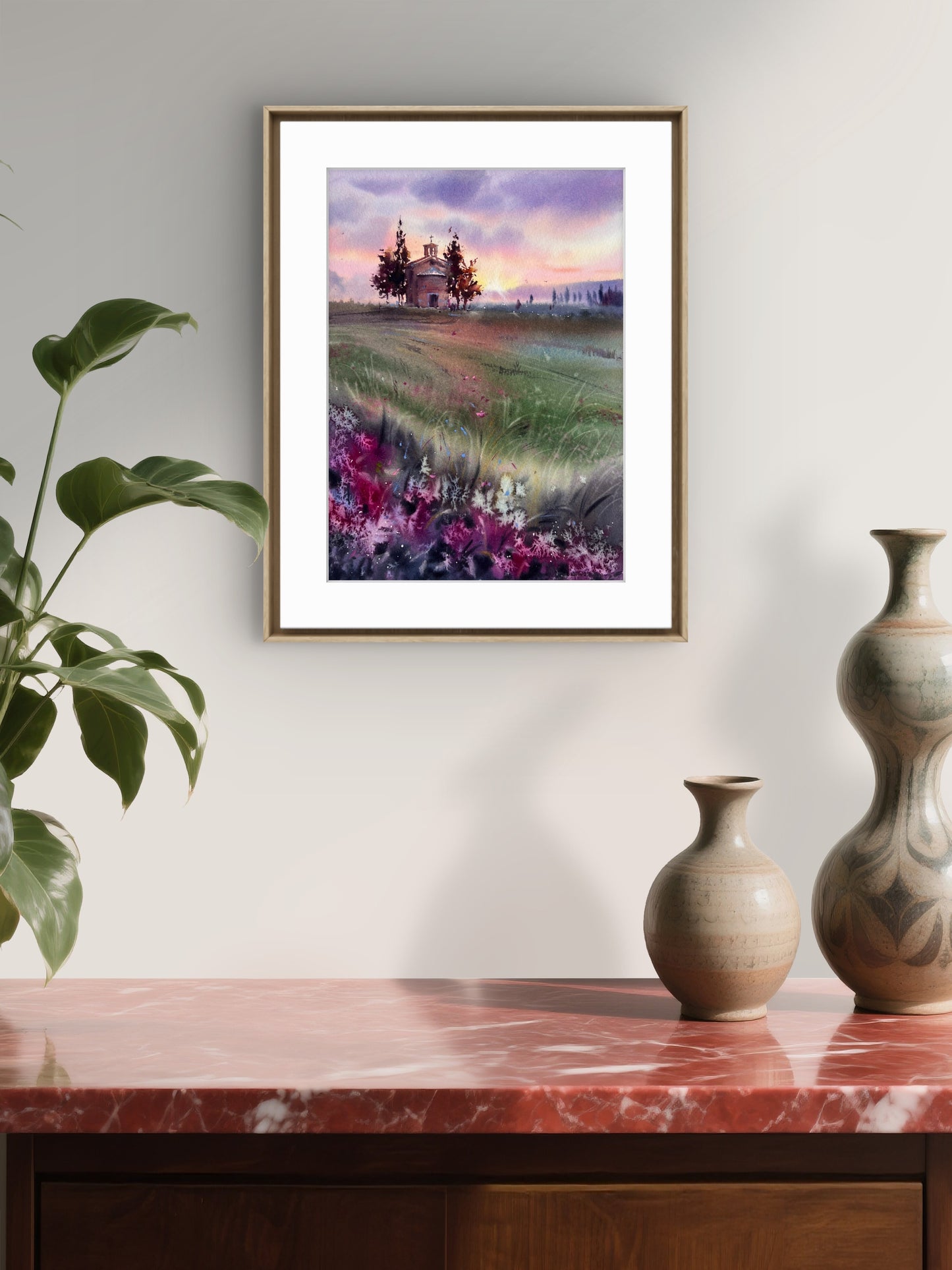 Tuscany Watercolor Painting Italy Landscape Art, Tuscan Chapel Glow 12x16