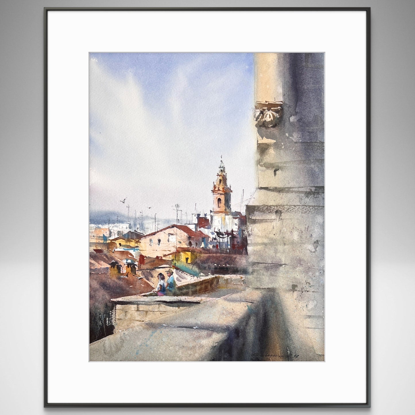 Spanish Watercolor Cityscape Painting, Old Town Rooftops, Sun Over Old Spain 11x15