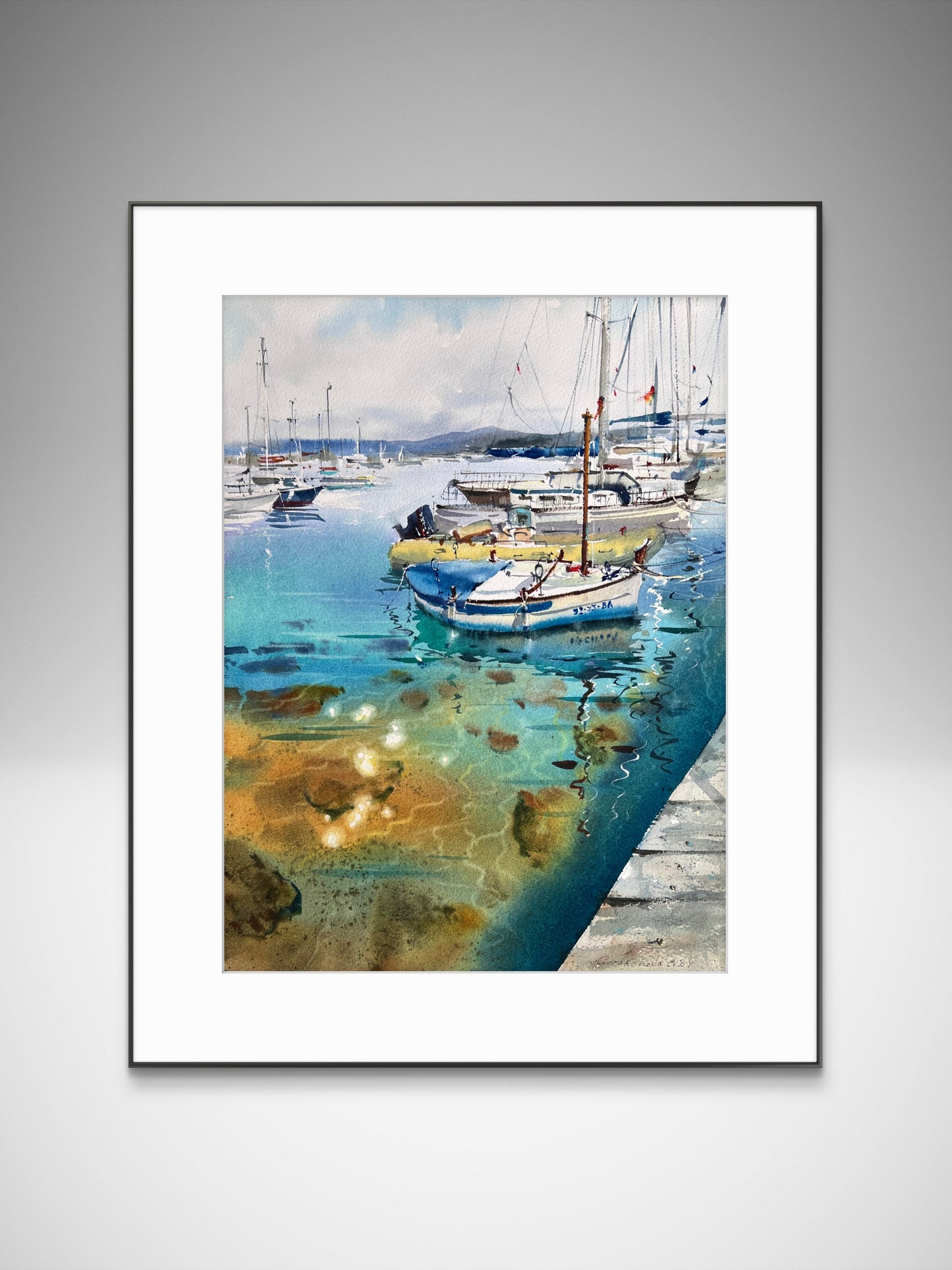 Original Watercolor Harbor Painting, Coastal Boats Art, Yachts at anchor #20 12x16