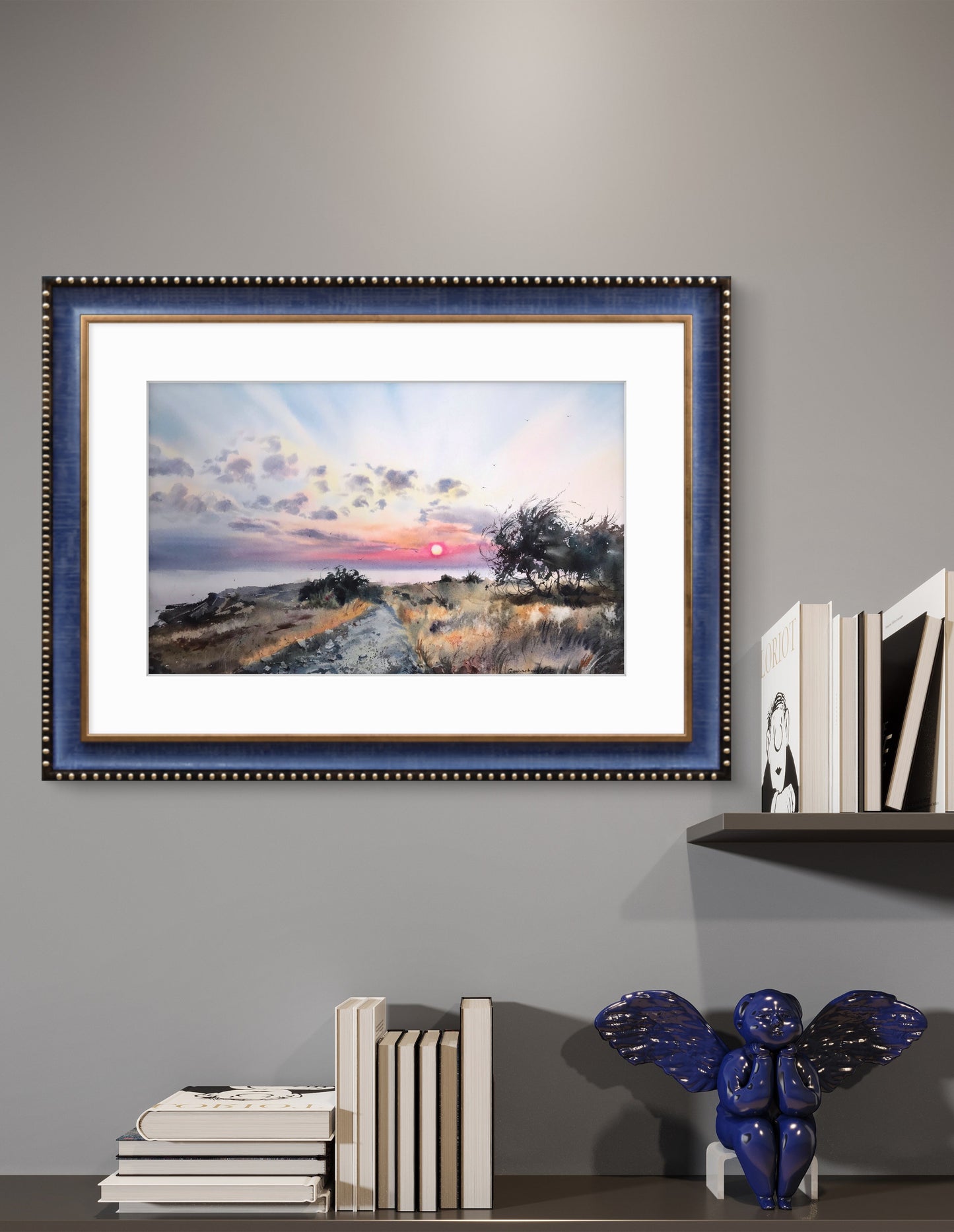 Seascape Painting Watercolor Original - Sunset on the Sea Cyprus - 13 x 22 in