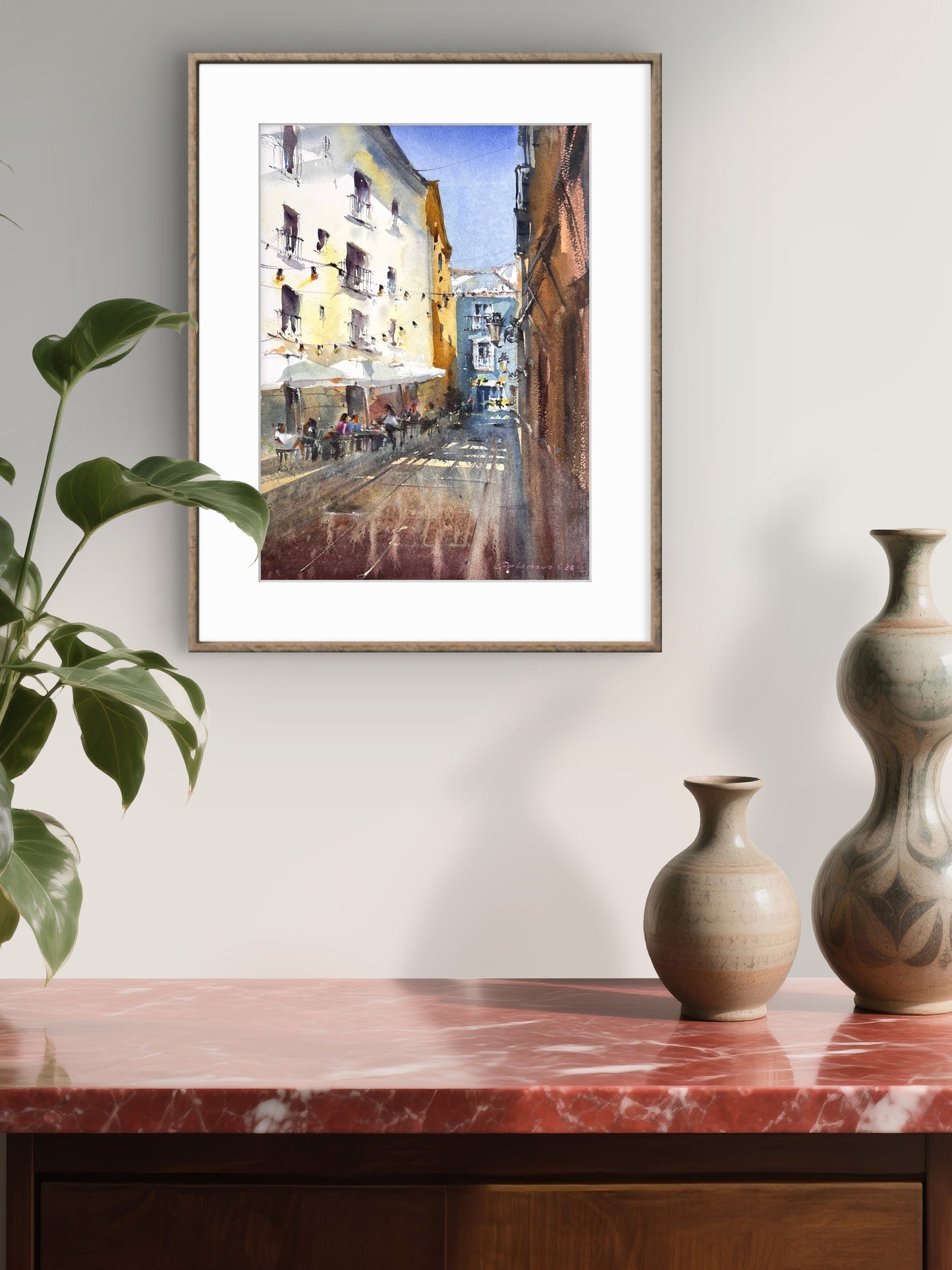 Valencia Street Watercolor Painting, Spanish Cityscape Art, Sunlit Valencia Alley 11x15