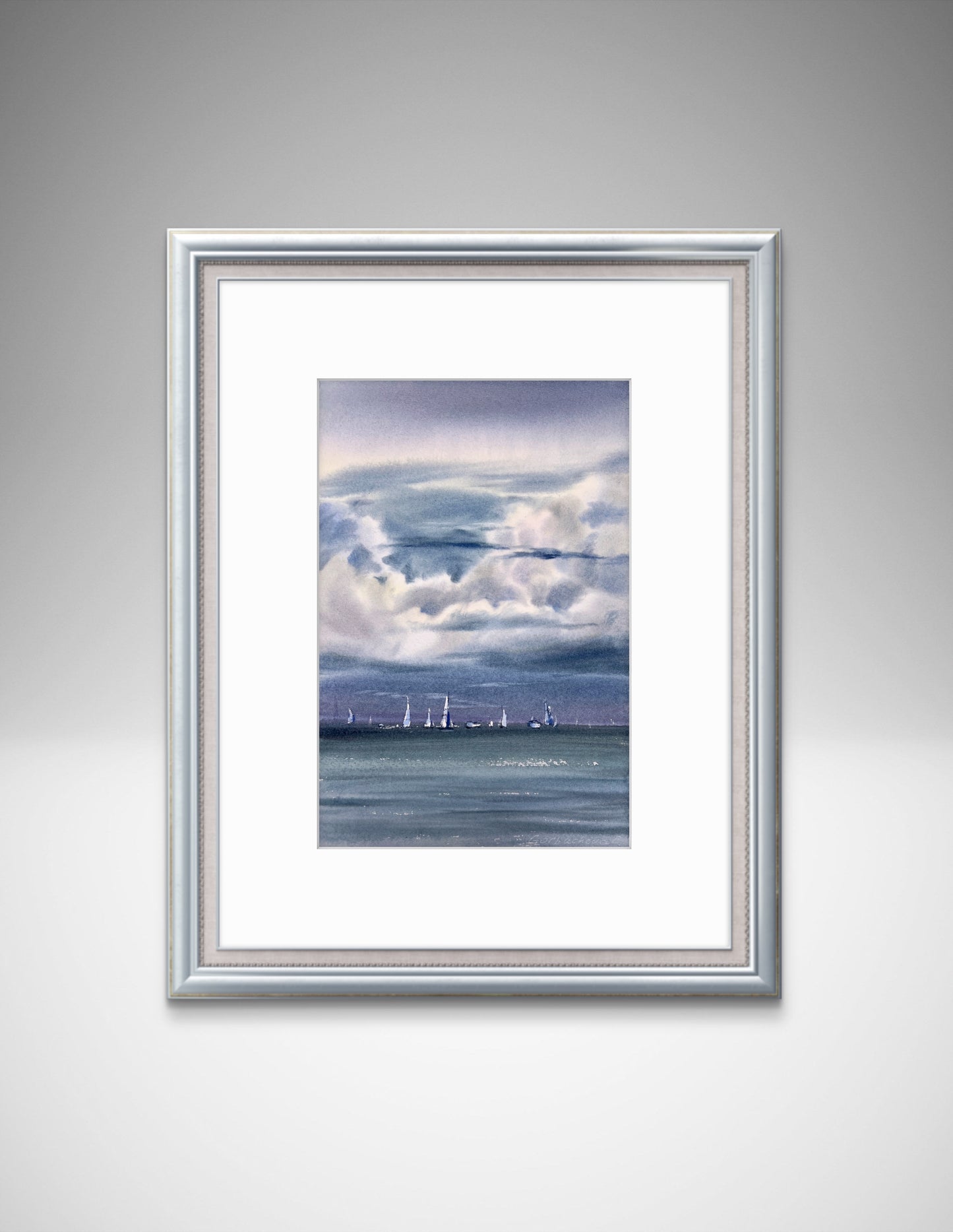 Original Watercolor Seascape, "Yachts at sea #23" Painting, Charming Gift for Ocean Lovers