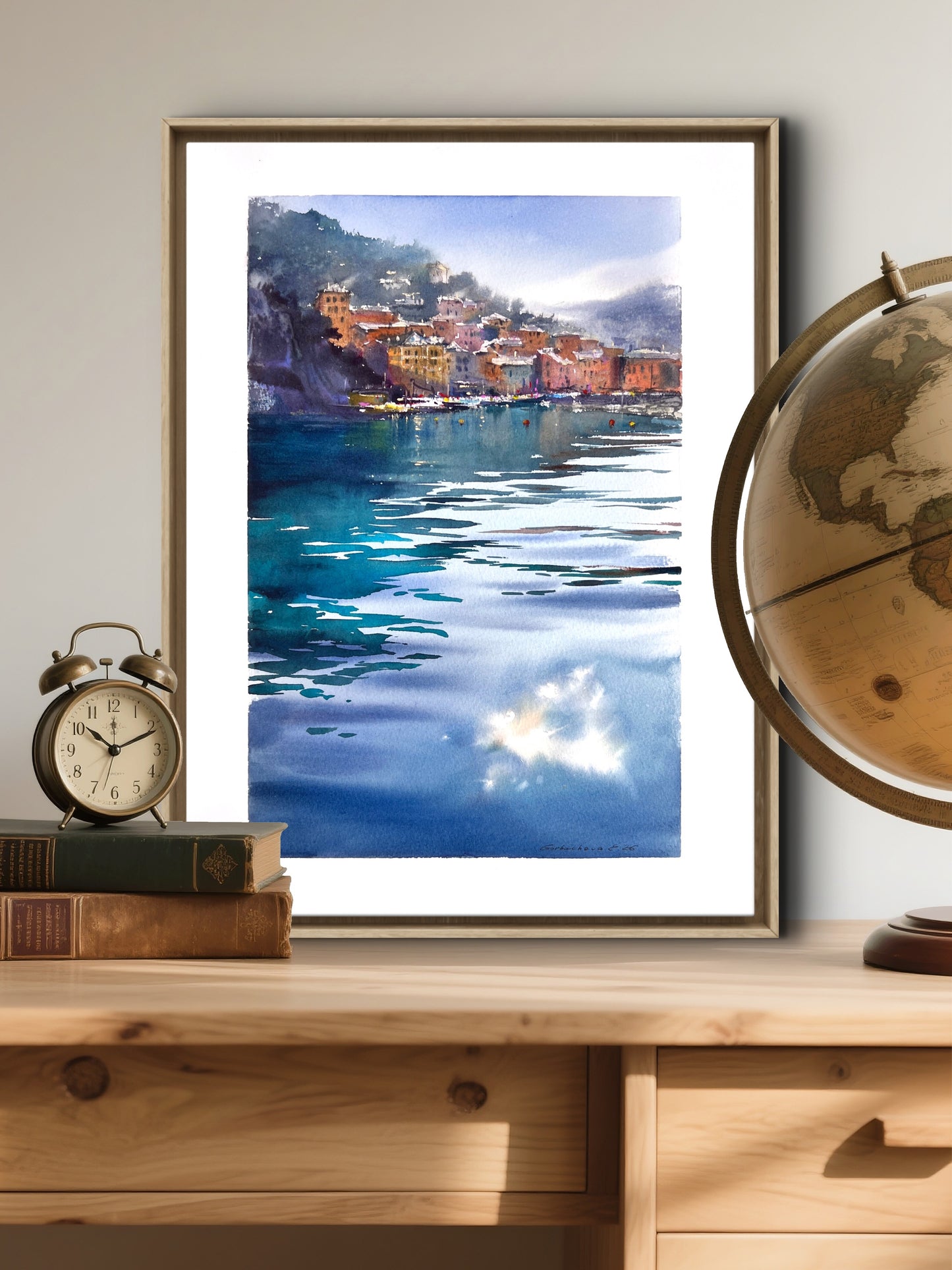 Camogli Italy Watercolor Painting, Coastal Harbor Art, Blue Italian Morning. Camogli 9x14