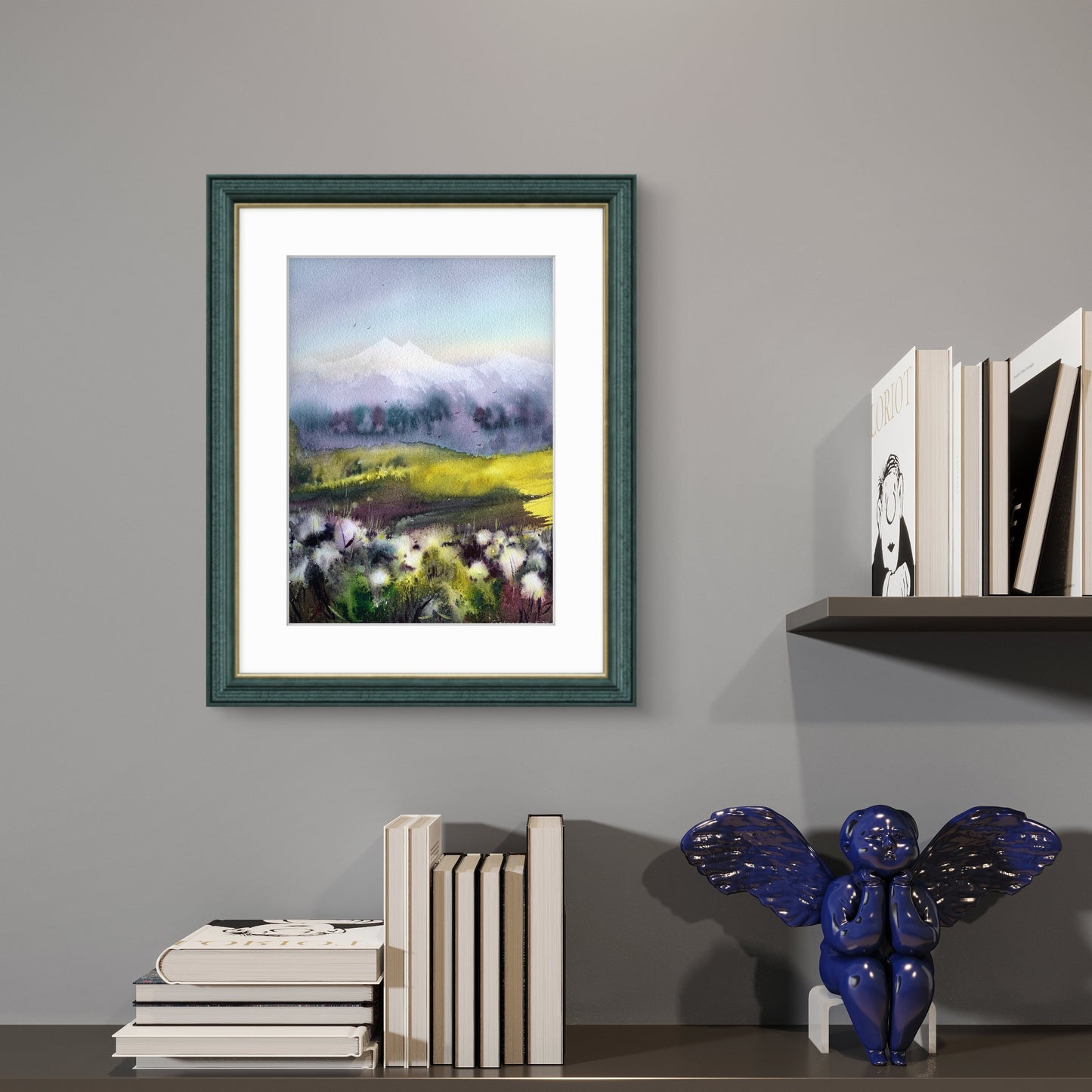 Cotton Field Painting Watercolor Original, Abstract Mountain Landscape, Flowers and Mountains #2 9x12