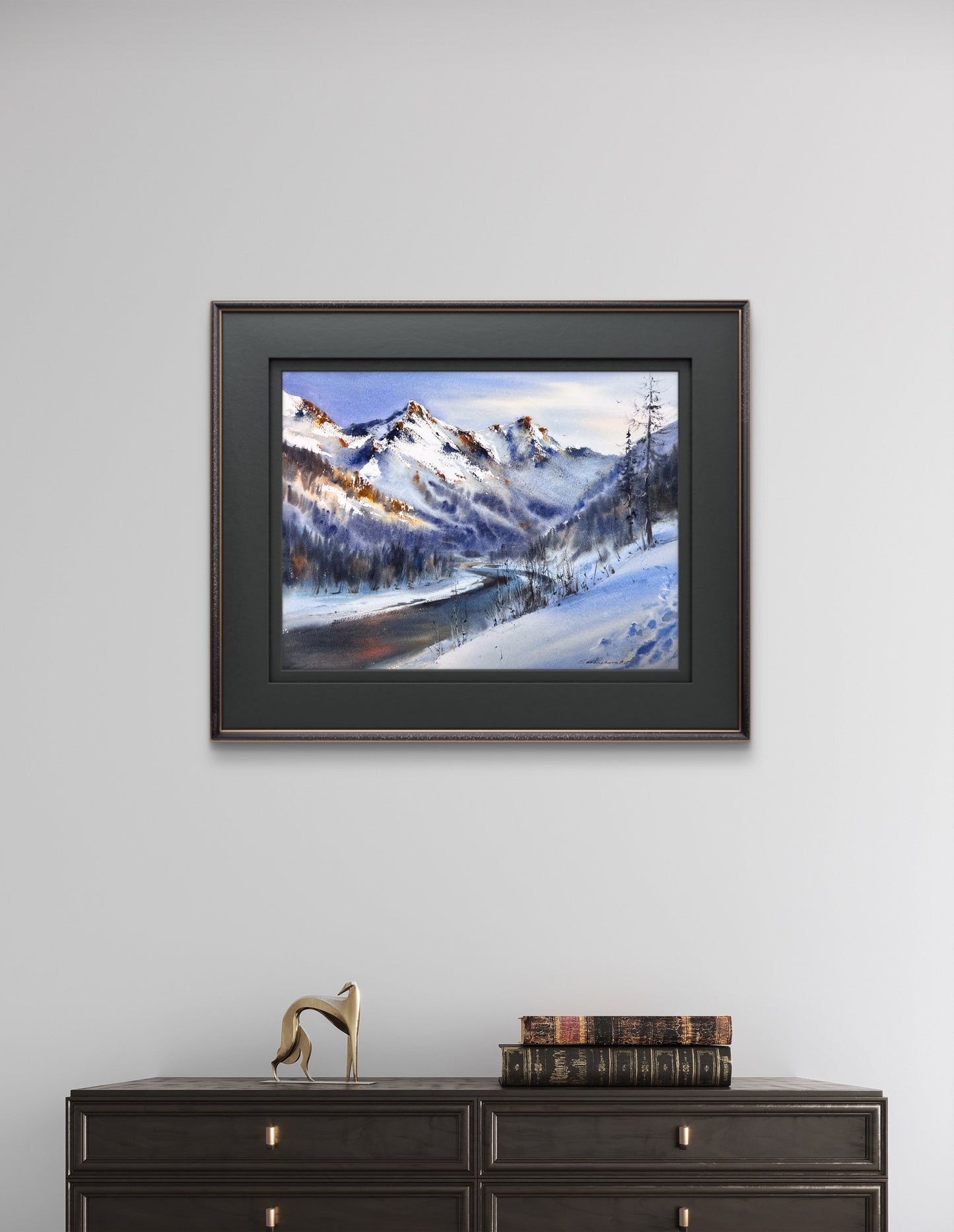 Original Mountain Landscape Watercolor, Snowy Alpine Peak Art, Blue Valley 12x16