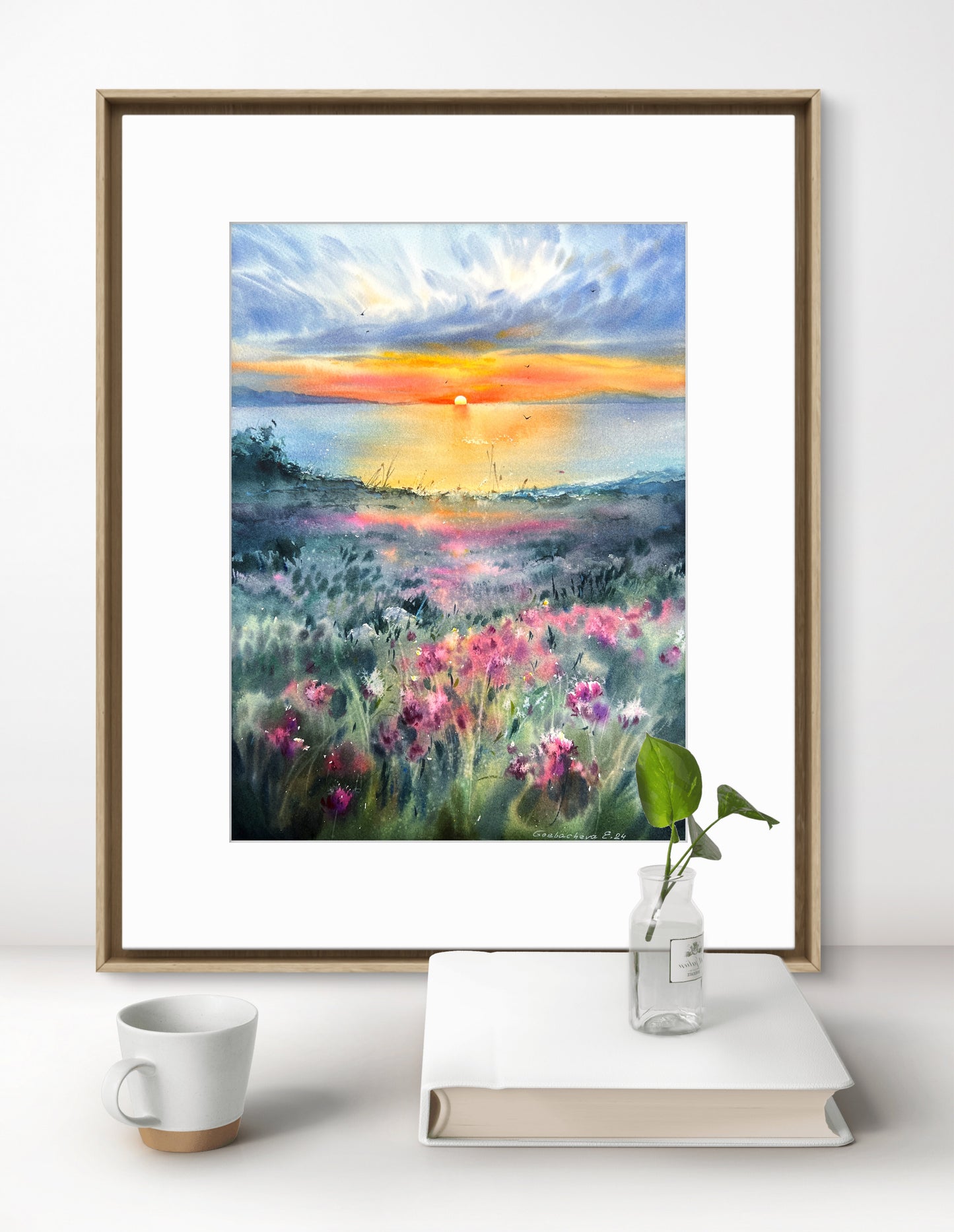 Original Watercolor Painting: Flowers and Sea at Sunset - Clover Field Art