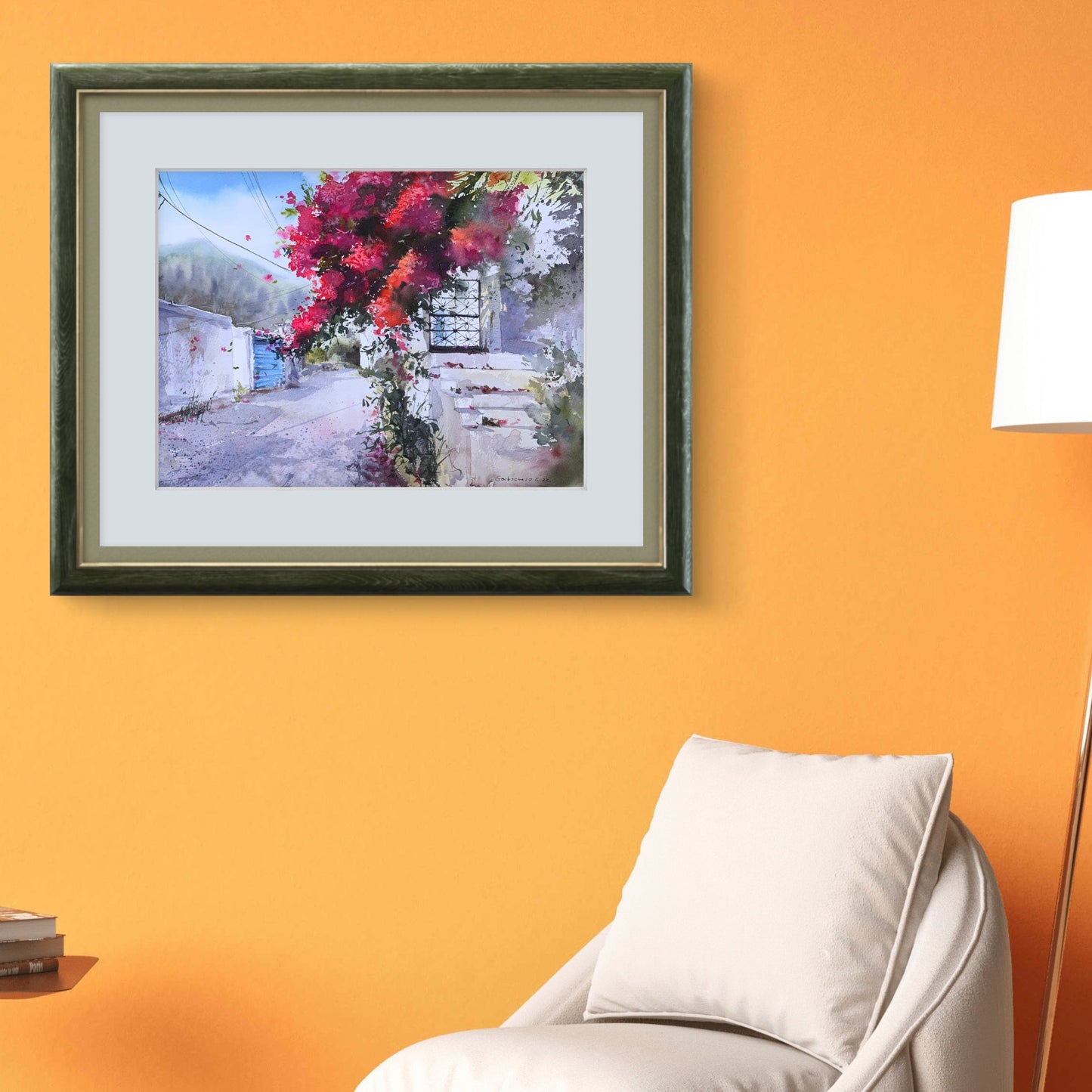 Greek Painting Watercolor, Original Artwork, Greece, Blue White Cityscape, Bougainvillea Wall Art, ENGLISH VILLAGE CYPRUS #6 12x16