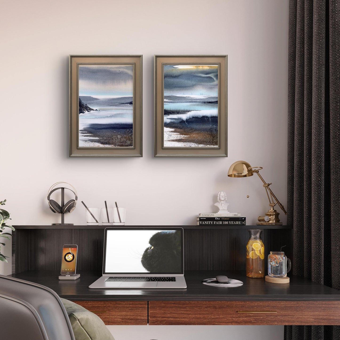 Abstract Nordic Seascape Painting Watercolor Original, ABSTRACTION SEA #4 9x12 in