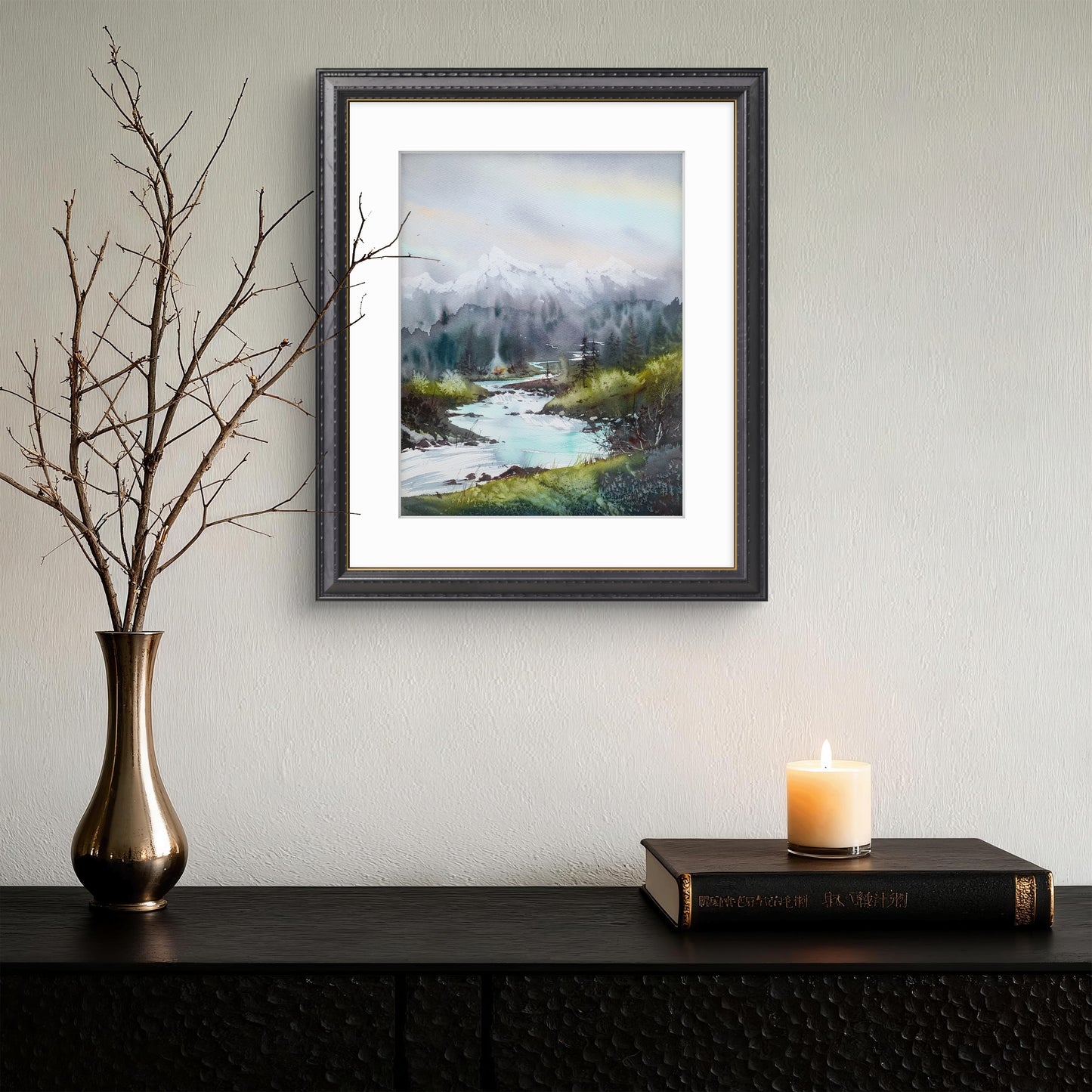 Mountain Forest Modern Painting Original Watercolour, Nature Art, Bedroom Wall Decor, Landscape With River,Mountain river #33 12x16