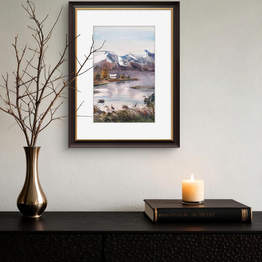 Lake View Painting, Original Watercolor House in the Mountains, Scenic Art for Home Decor, House by the Lake #3, 8x12