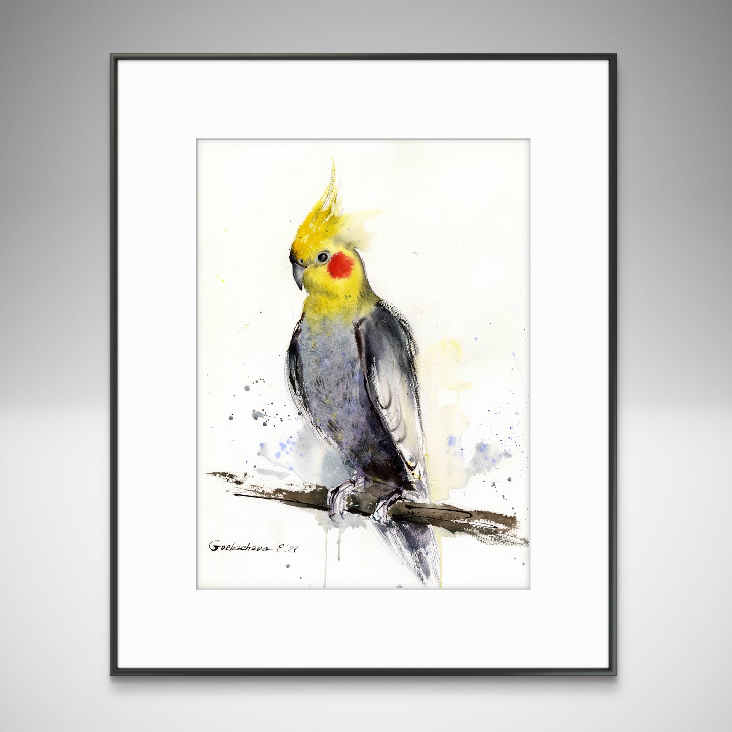 Parrot Watercolor Original Painting, Tropical Bird Art, Cockatiel Lover Gift Artwork,  Parrot on a branch  12x16