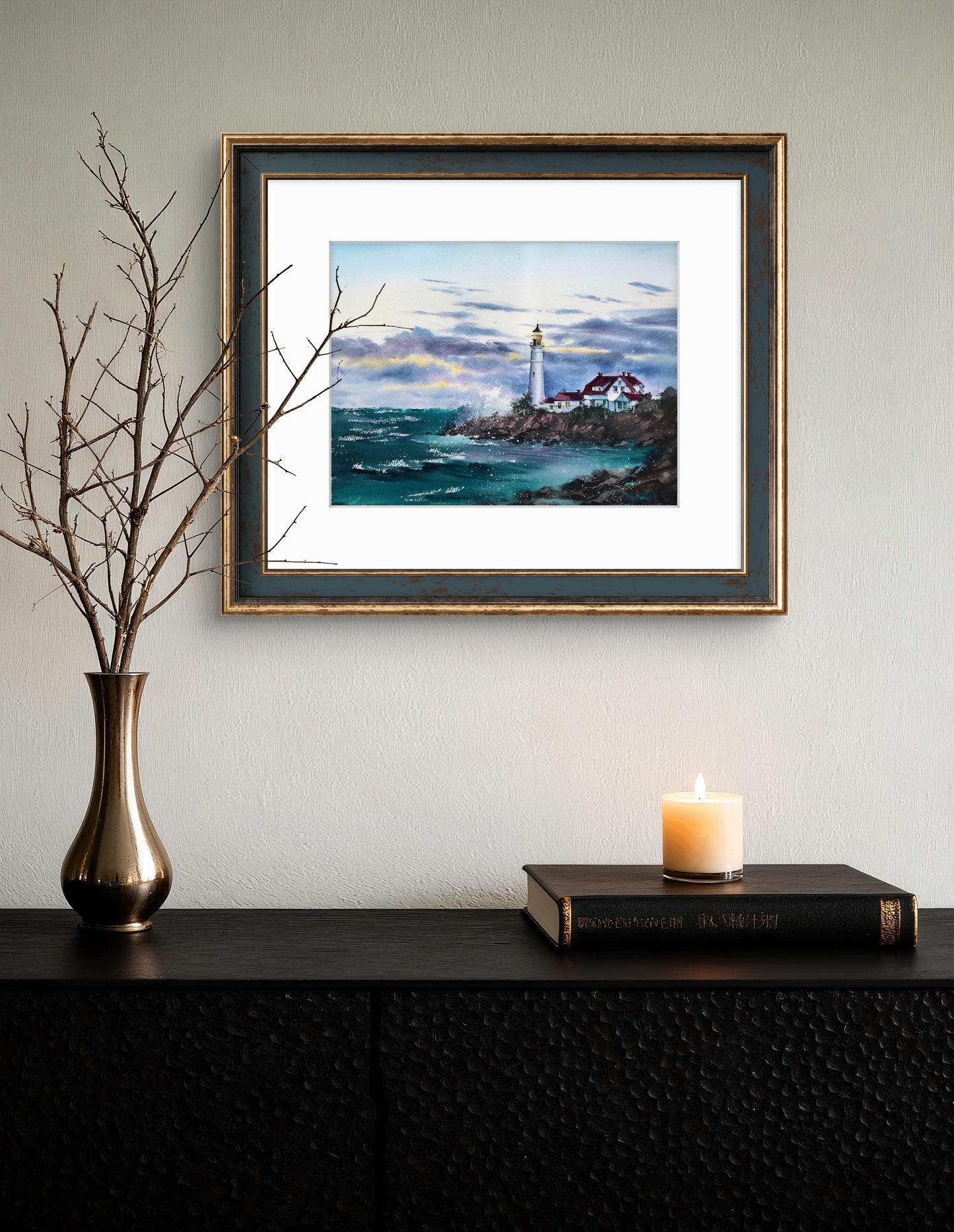 Sea Lighthouse Painting Original, Watercolor Ocean Art, Coastal Wall Decor, Seascape, Gifts Unique, Purple, Aquamarine