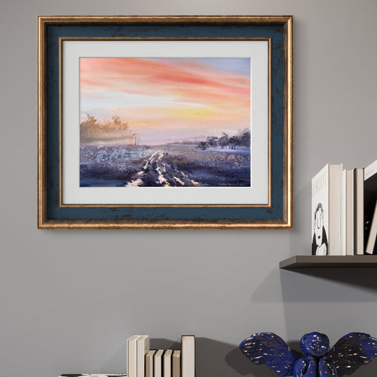 Sunset Landscape Painting Original Watercolor, Handmade Artwork For Home, Orange Sunset #11 12x16