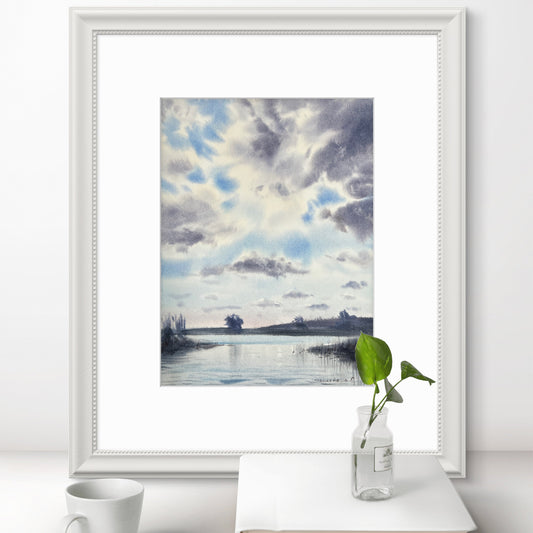 Painting, Watercolor Original, Landscape Art - Clouds over the River #6