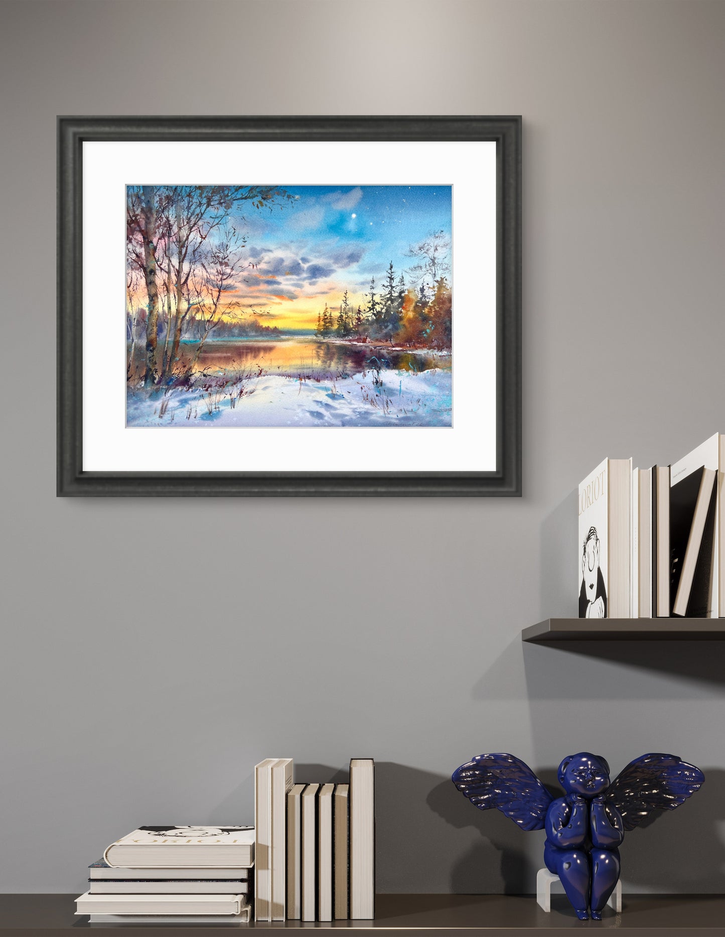 Winter Sunset Lake Watercolor Painting, First Star of Winter 31x41