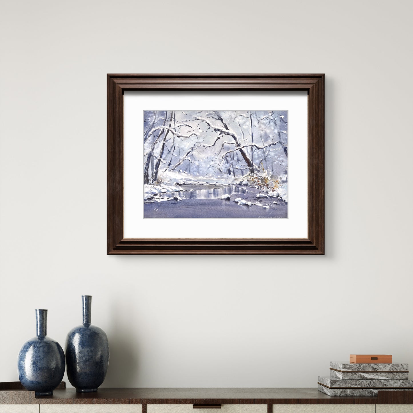 Winter Forest Watercolor Painting, Snowy River Original Art, Winter’s Gentle Lace  9x12