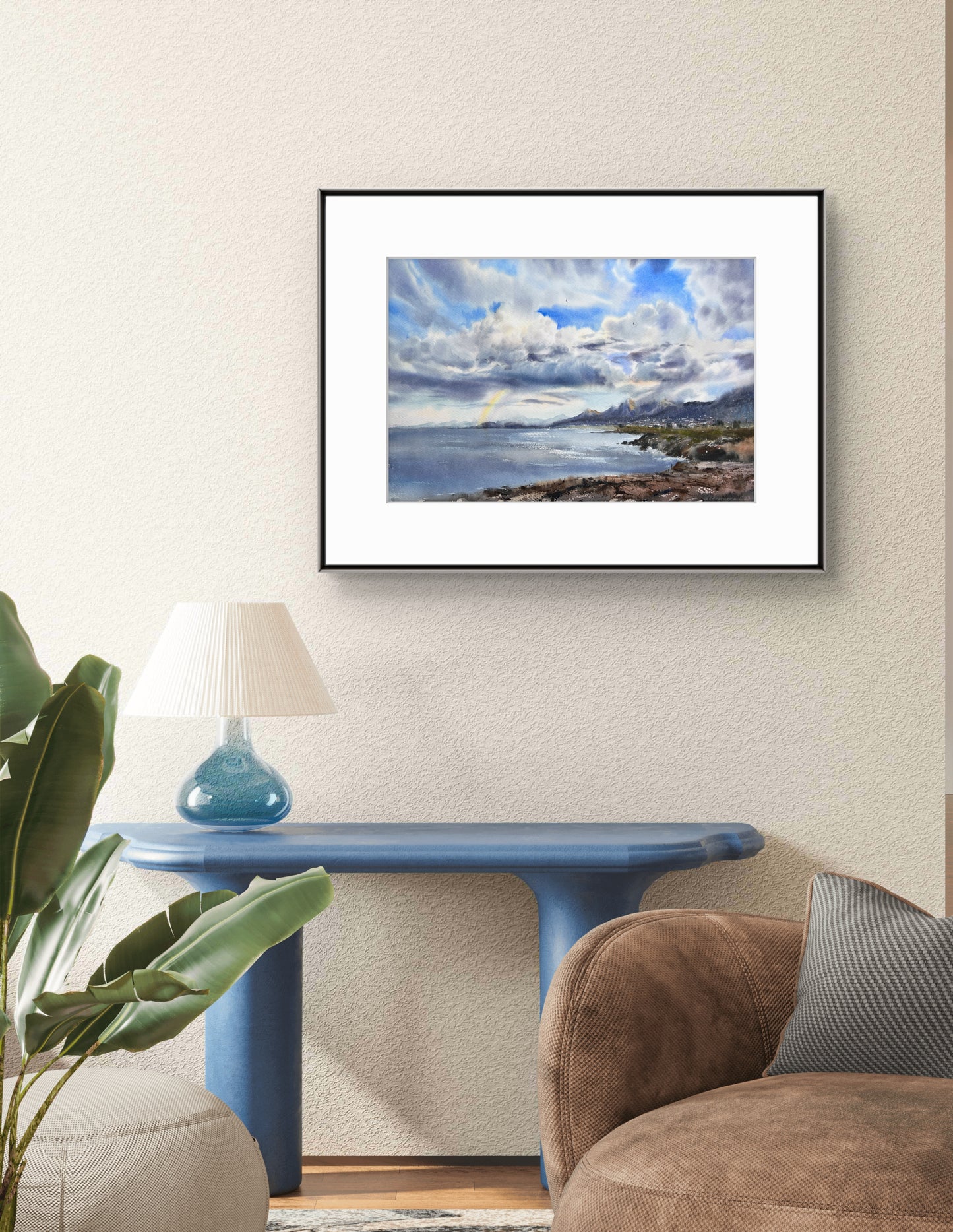 Sea Coast Painting 22x15 in, Original Watercolour, Rainbow Artwork,  Beach Home Wall Decor, Sea Coast of Cyprus Clouds #5 15x22
