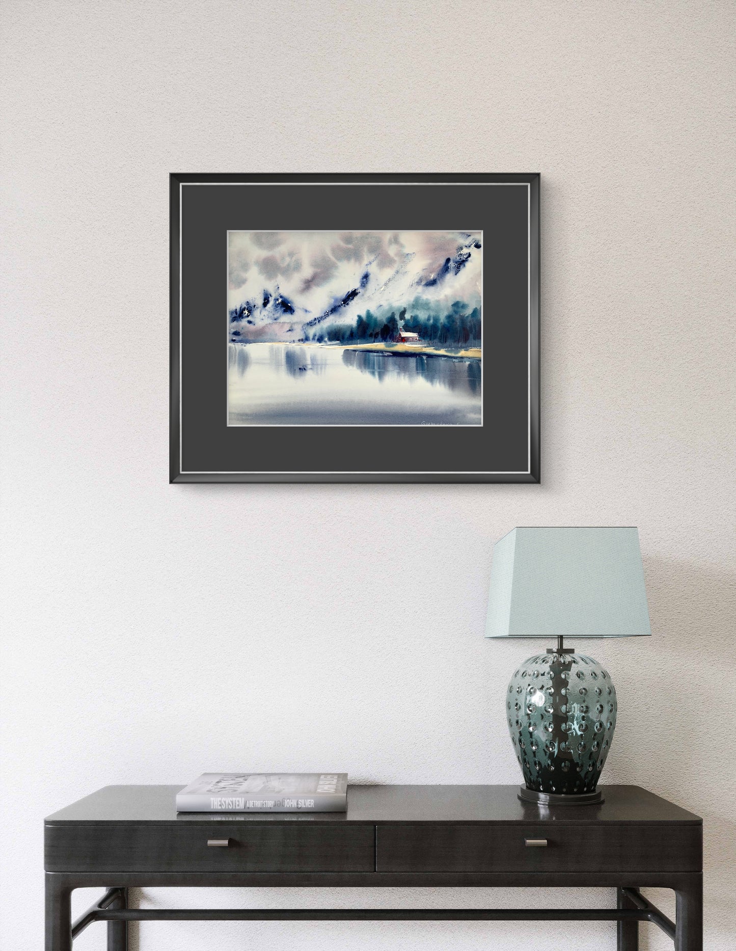 Winter Landscape Watercolor Painting, Lake house #2 12x16