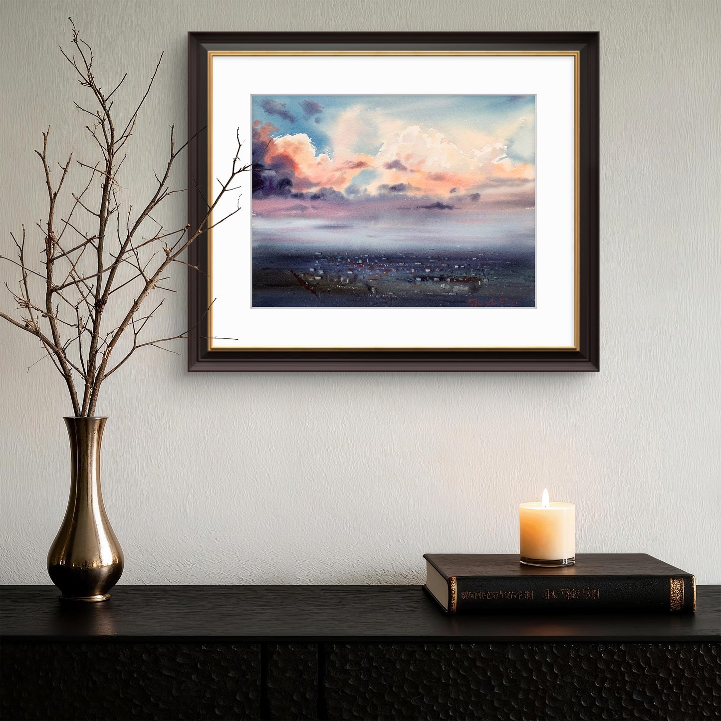 Cyberpunk City Above The Clouds Painting Original, Watercolor, City Cloudscape at Sunrise 12x16