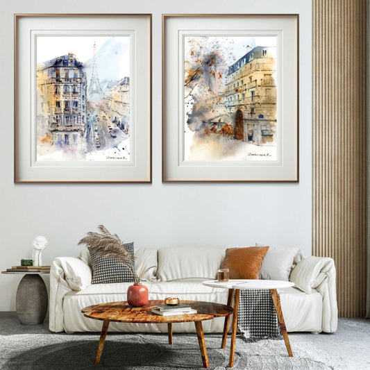 Elegant Parisian Wall Art Prints | Set of 2 Giclee Watercolors | Eiffel Tower & French Streets