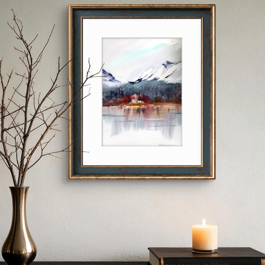 Watercolor Mountain Painting Original, Lake House Art Decor, House by the Lake #4 12x16