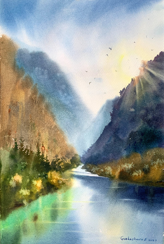 Lake Landscape Painting Watercolor Original - Mountains in Autumn #2 - 15 x 22 in