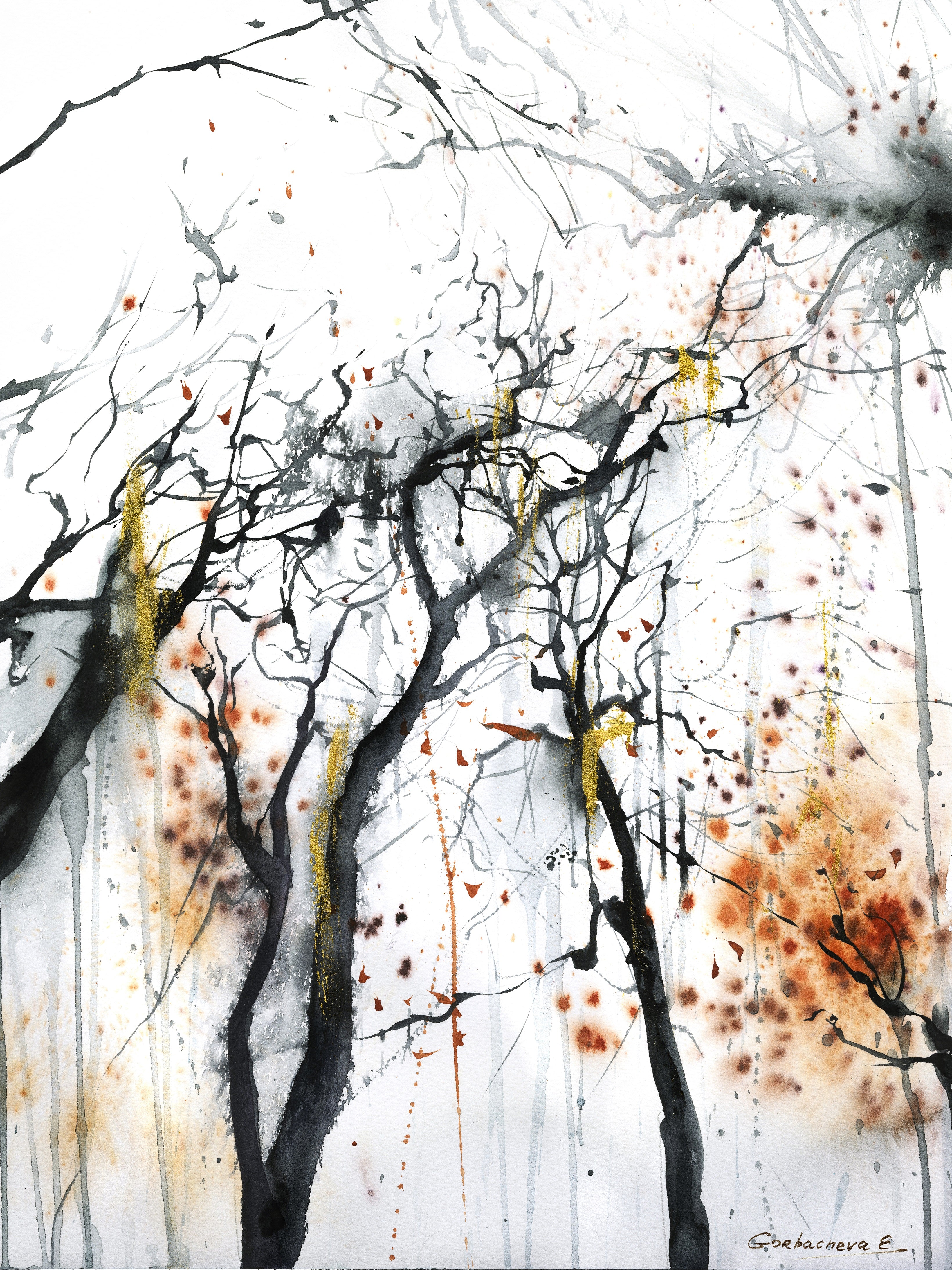 Fall landscape original watercolor painting selling autumn forest wall art home décor, 12x9