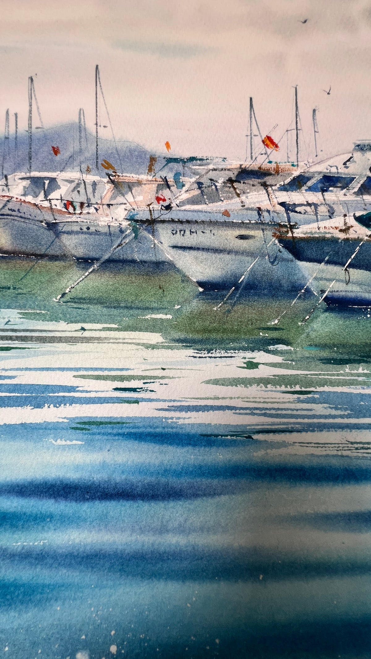 Spain Harbor Watercolor Original Painting, Azure Spanish Silence 15x22