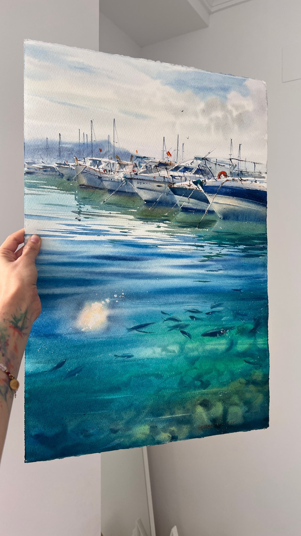 Spain Harbor Watercolor Original Painting, Azure Spanish Silence 15x22
