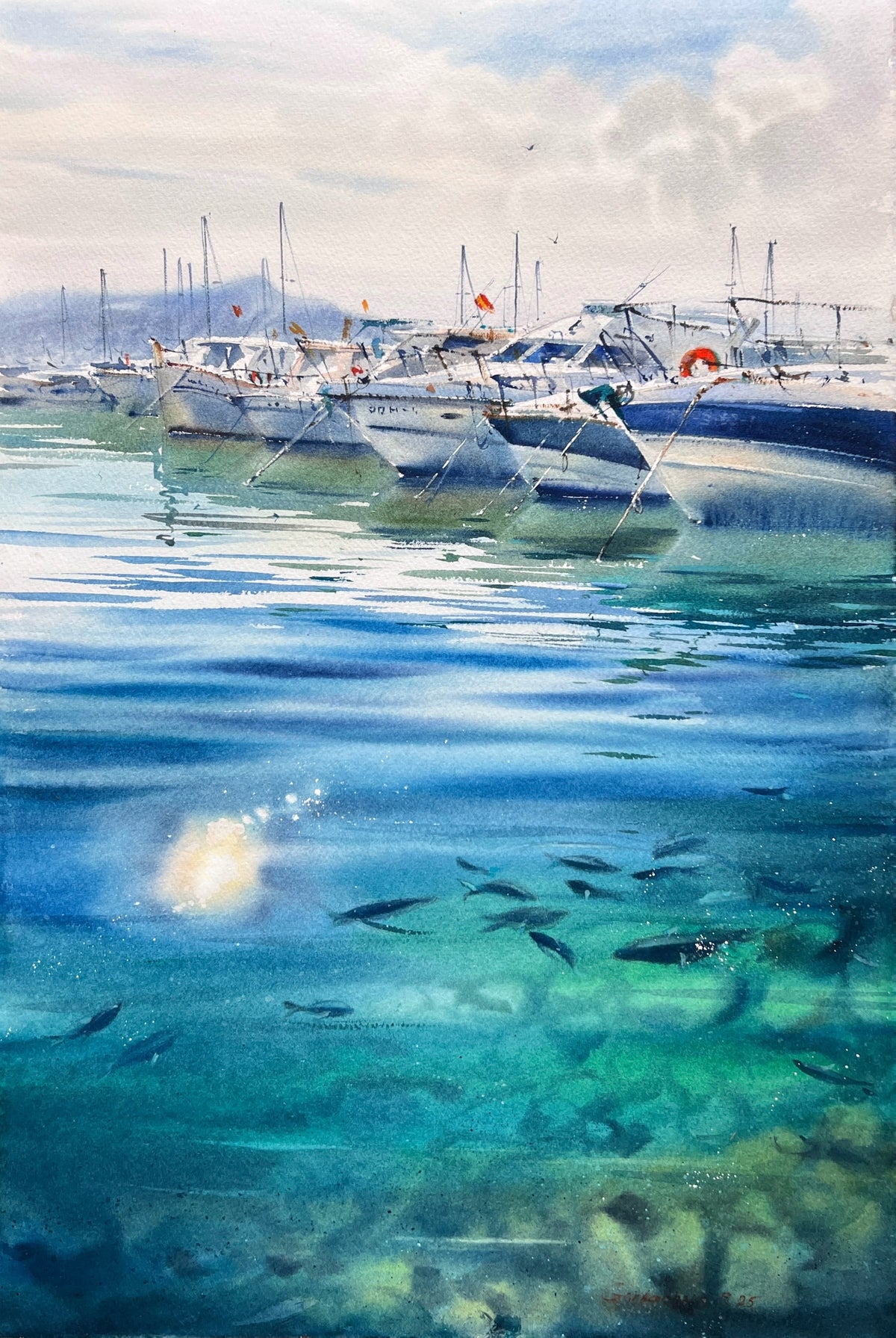 Spain Harbor Watercolor Original Painting, Azure Spanish Silence 15x22