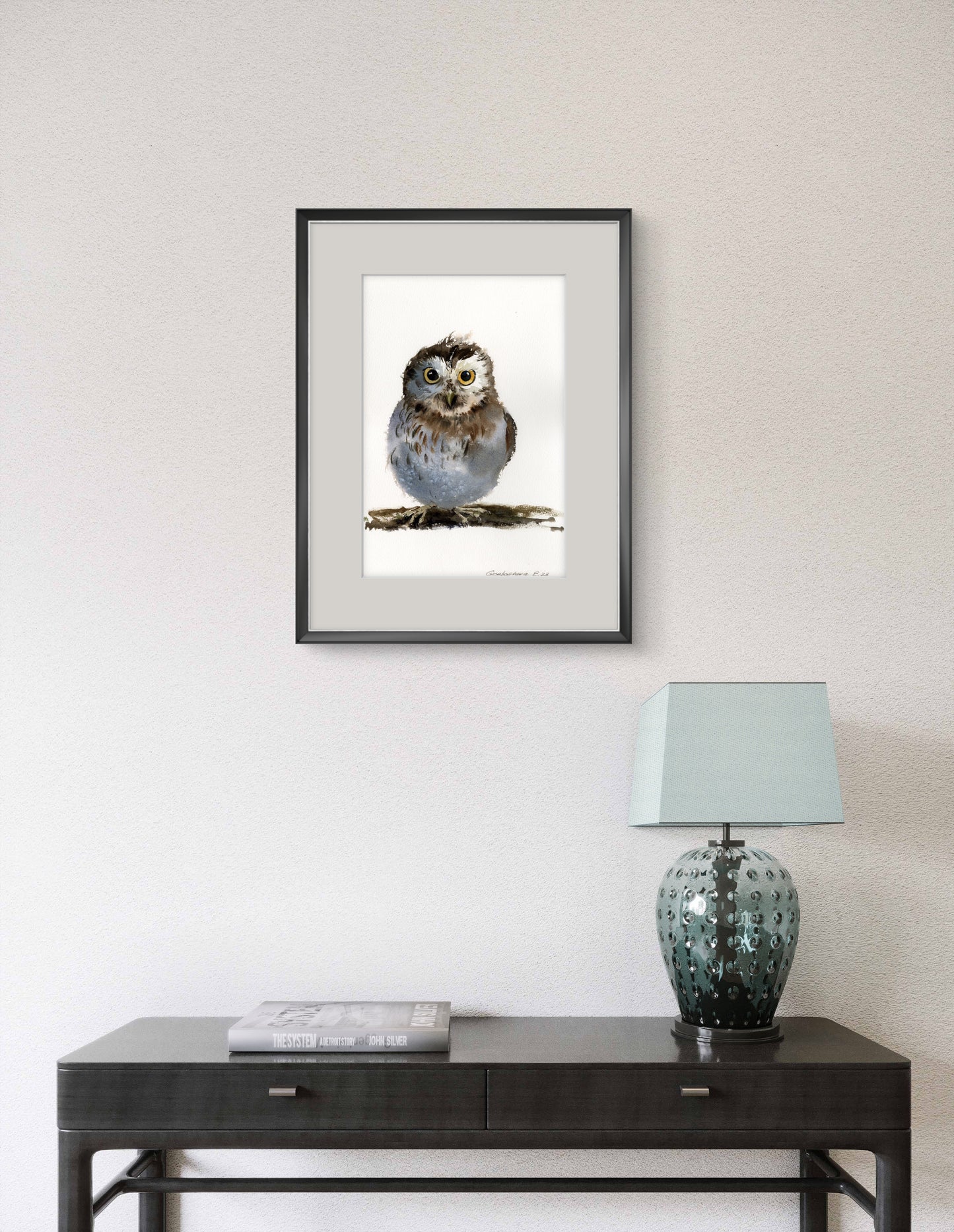 Little Owl Watercolor Painting, Little owl on a branch #17 8x12