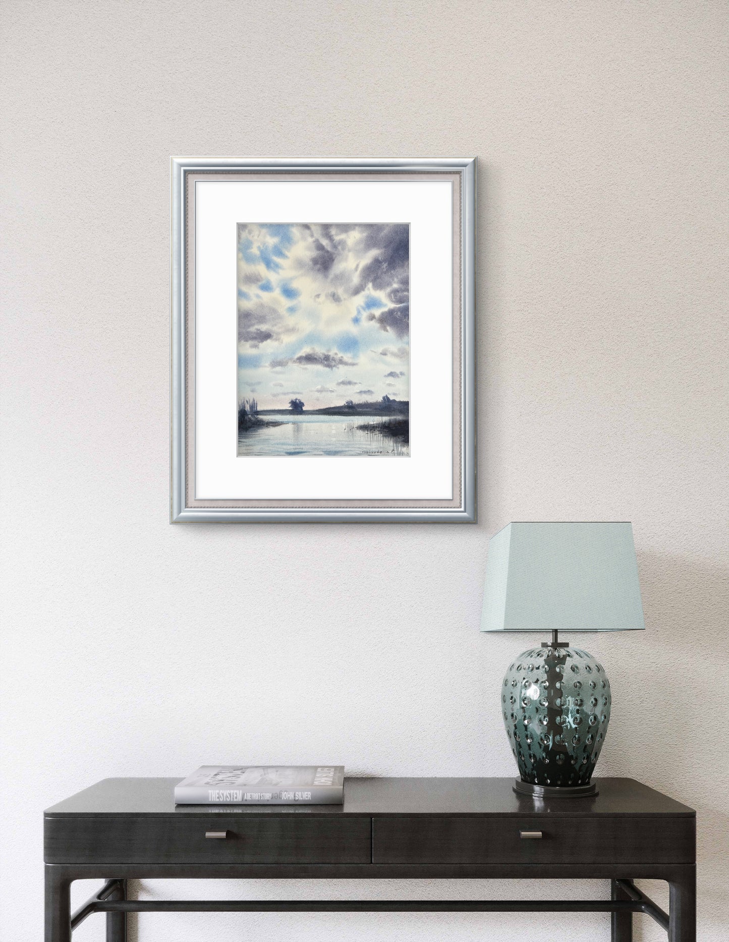 Painting, Watercolor Original, Landscape Art - Clouds over the River #6