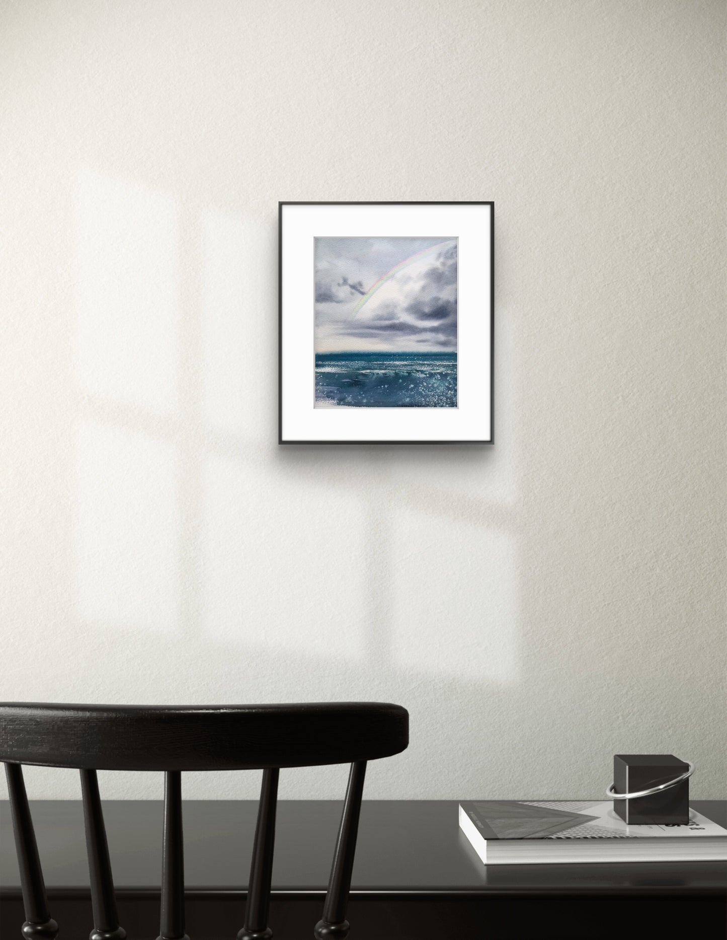 Rainbow Over Sea Original Watercolor Painting, Coastal Ocean Wall Art, Rainbow over the sea 7.5x9