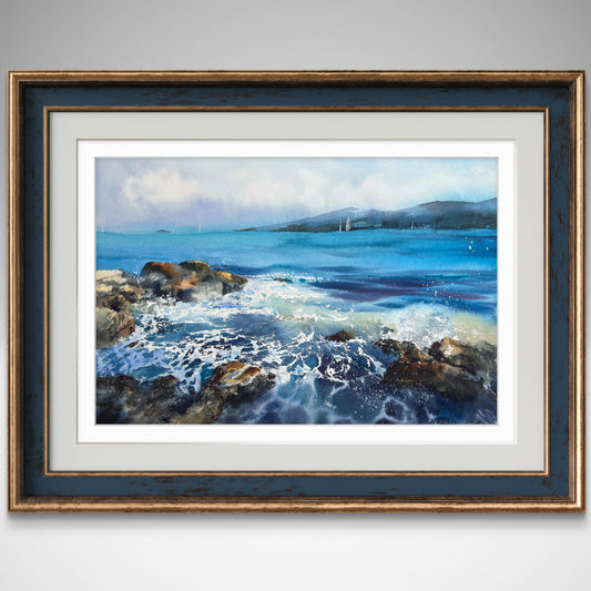 Coastal Painting Original, Watercolour Seascape Artwork - "Sea and Stones #2" - 15x22 in
