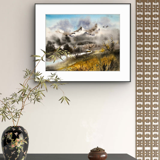 Abstract Mountain Painting Watercolour Original,   Wall Decor, Modern Landscape With River, Mountainscape #4